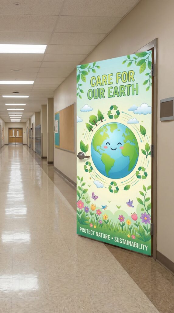 environmental science classroom door decoration with Earth recycling symbols trees and flowers