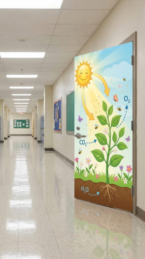 photosynthesis classroom door decoration showing plant roots sunlight water and oxygen cycle