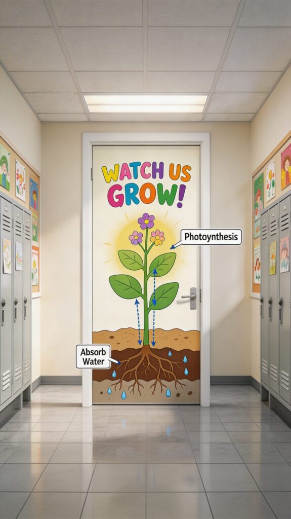 watch us grow classroom door decoration showing plant roots absorbing water and photosynthesis