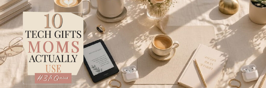 Aesthetic tech gift guide for moms featuring Kindle smart ring earbuds and smart coffee accessories