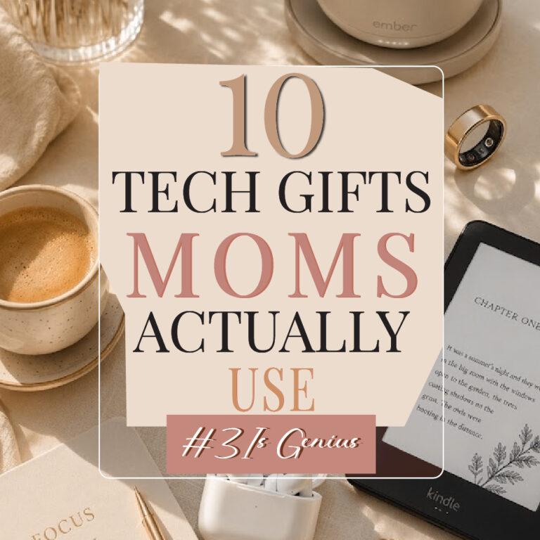 Aesthetic tech gift guide for moms featuring Kindle smart ring earbuds and smart coffee accessories