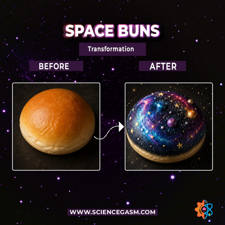 Before and after transformation of a bread bun into a galaxy-themed cosmic dessert