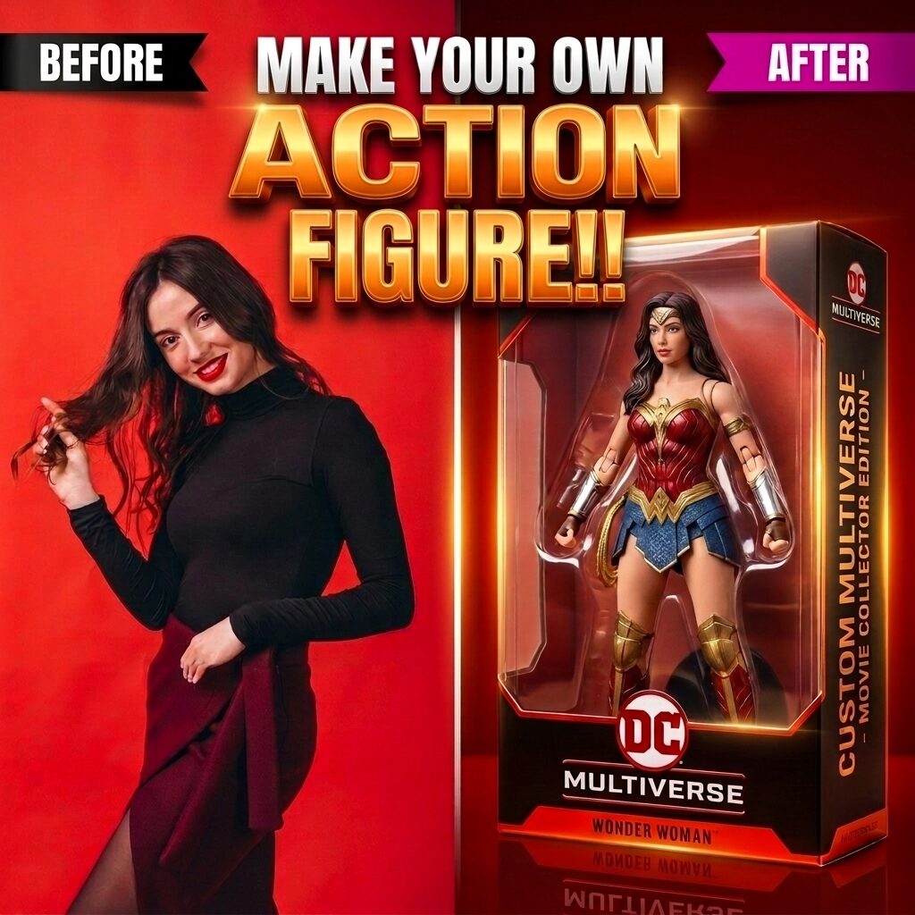 Before and after AI action figure transformation turning a portrait into a collectible superhero toy box
