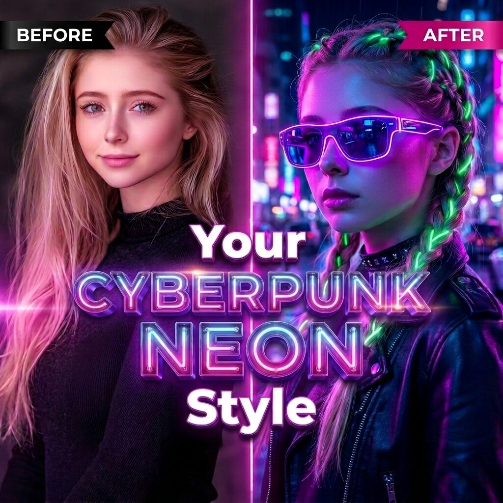 Before and after cyberpunk neon AI portrait transformation with glowing glasses futuristic lighting and purple neon effects