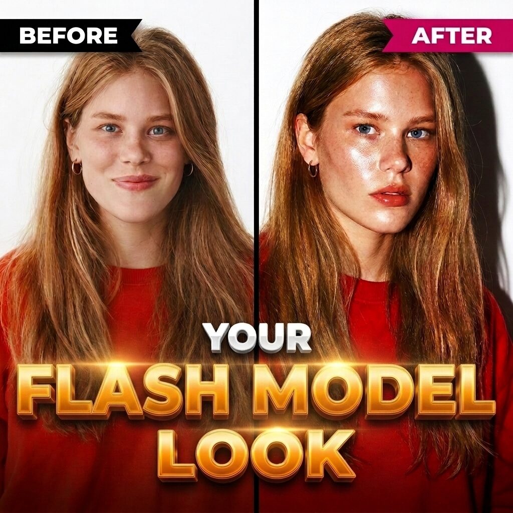 Before and after AI flash photography model transformation with glossy skin dramatic shadows and editorial fashion style