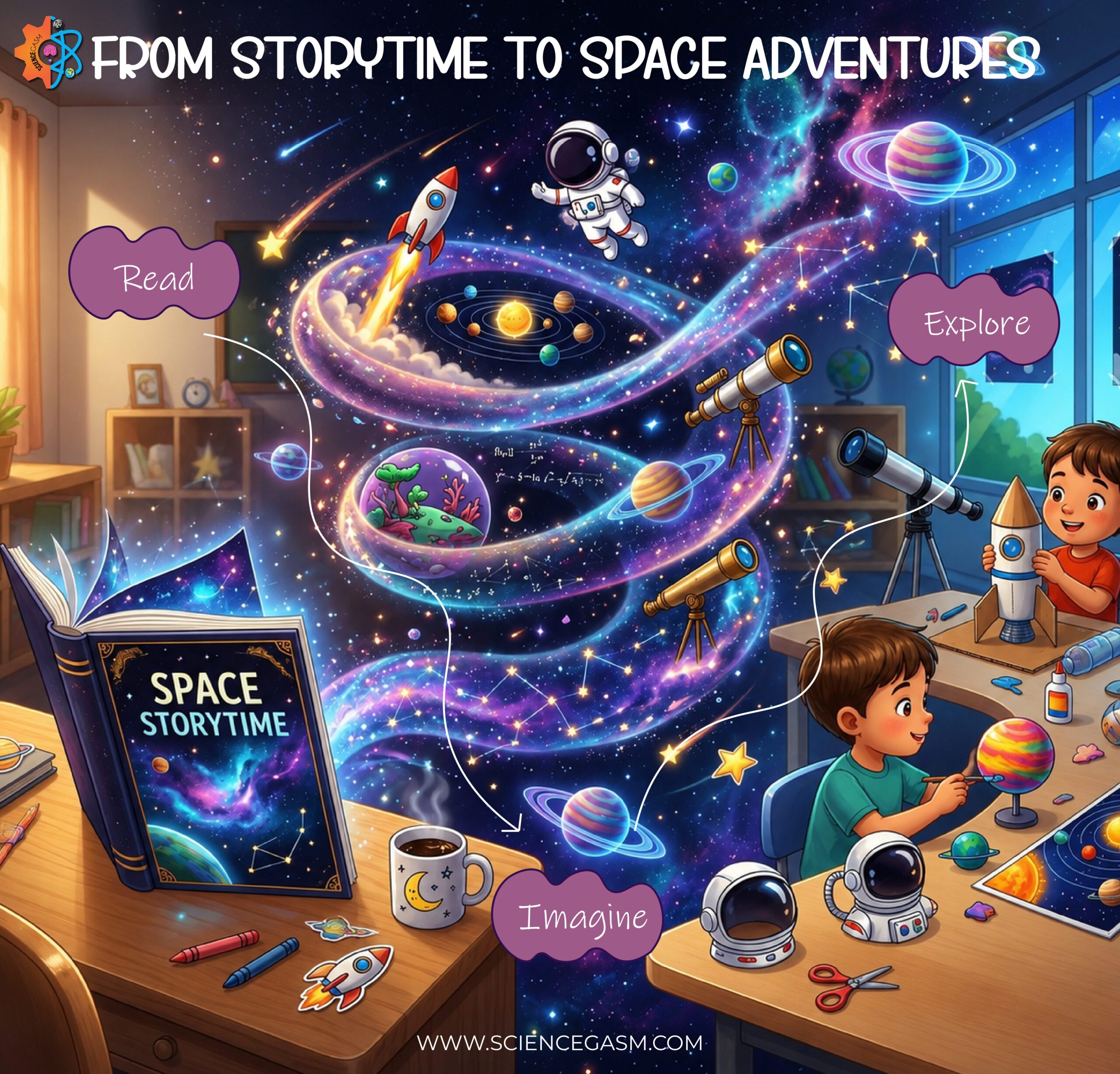 Children exploring space through storytelling, books, rockets, planets, telescopes, and STEM learning activities in a colorful educational classroom