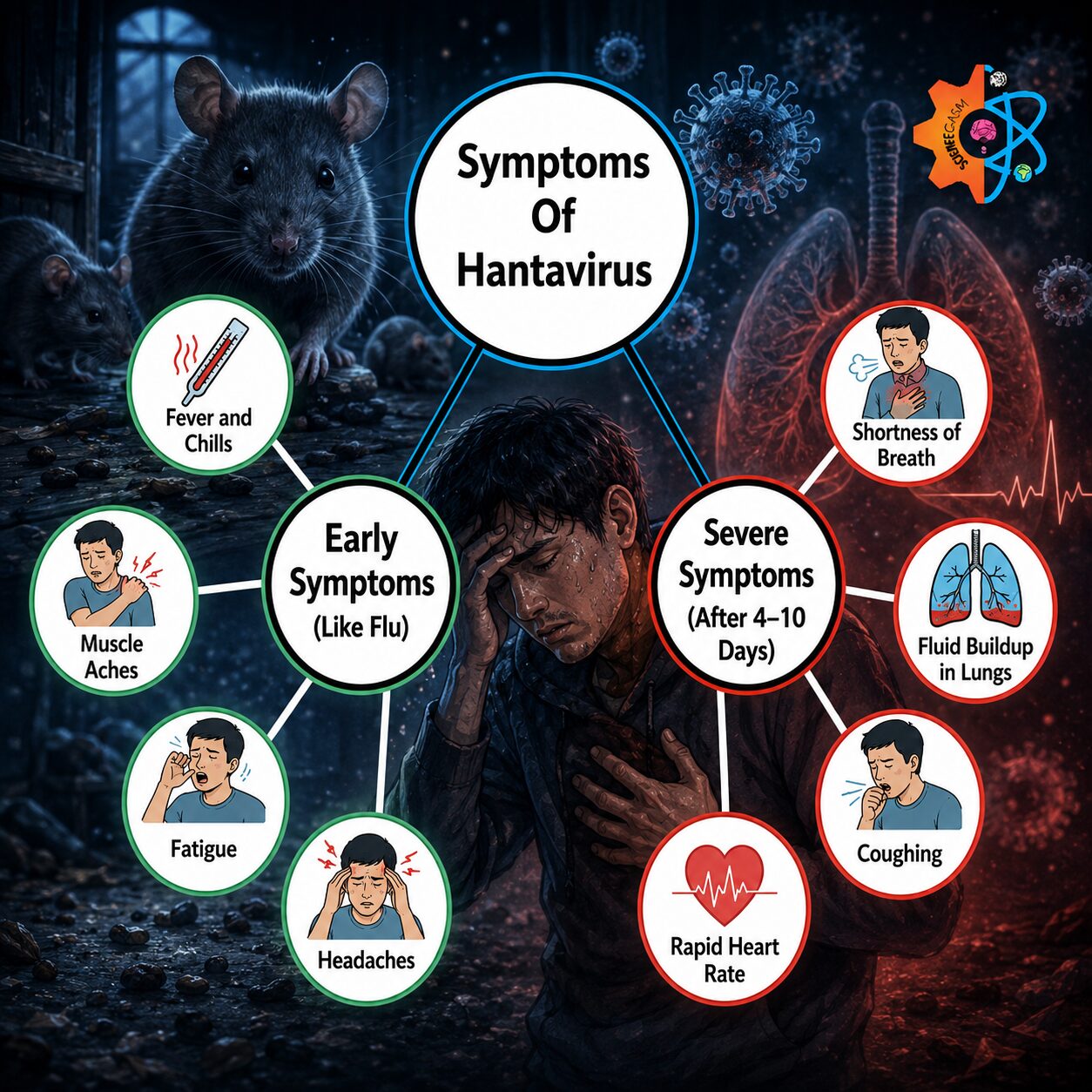 Educational infographic showing early and severe hantavirus symptoms including fever, fatigue, headaches, coughing, shortness of breath, and fluid buildup in lungs with rats and virus background.