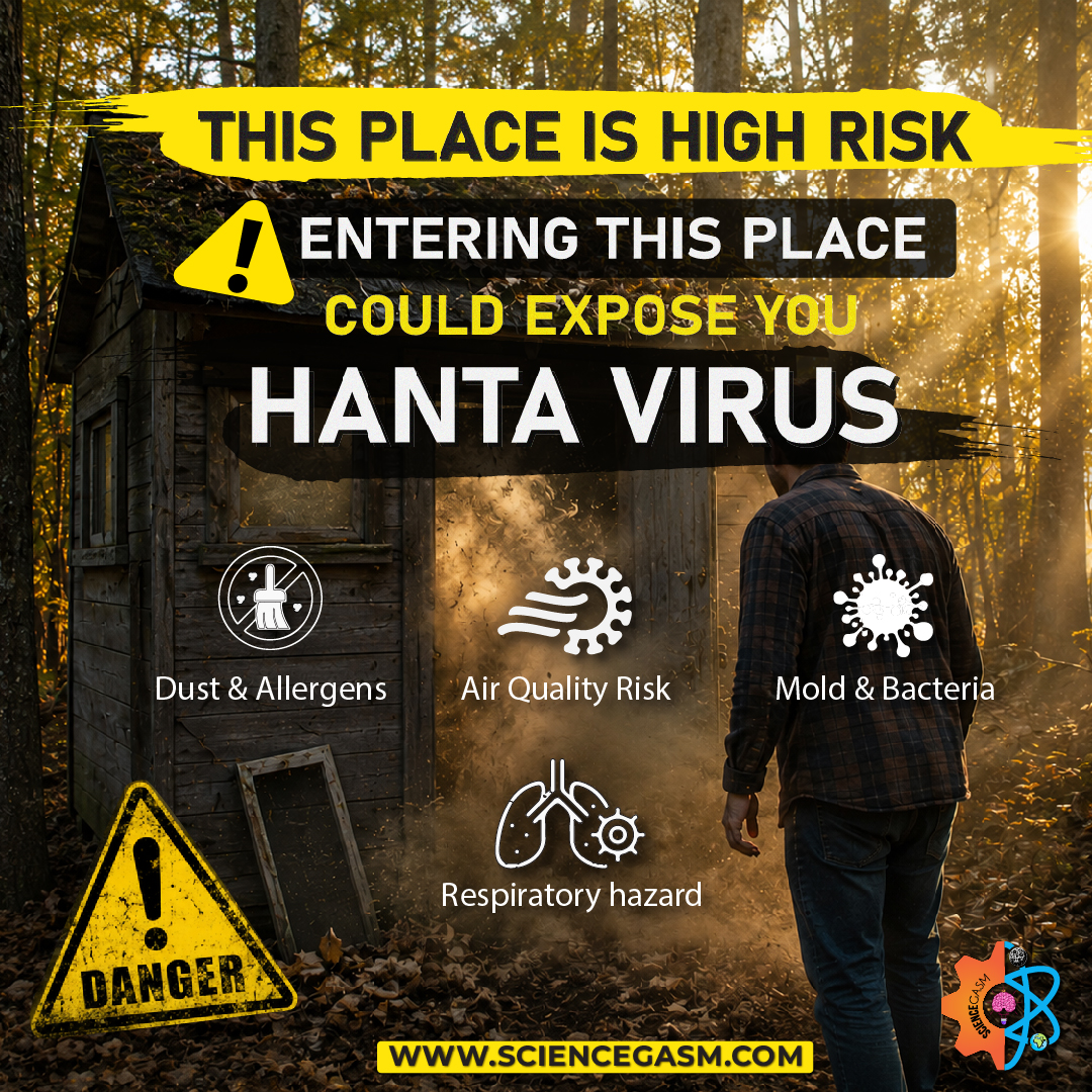 Person approaching an abandoned dusty cabin with warning signs about hantavirus exposure, respiratory hazards, mold, bacteria, and poor air quality.