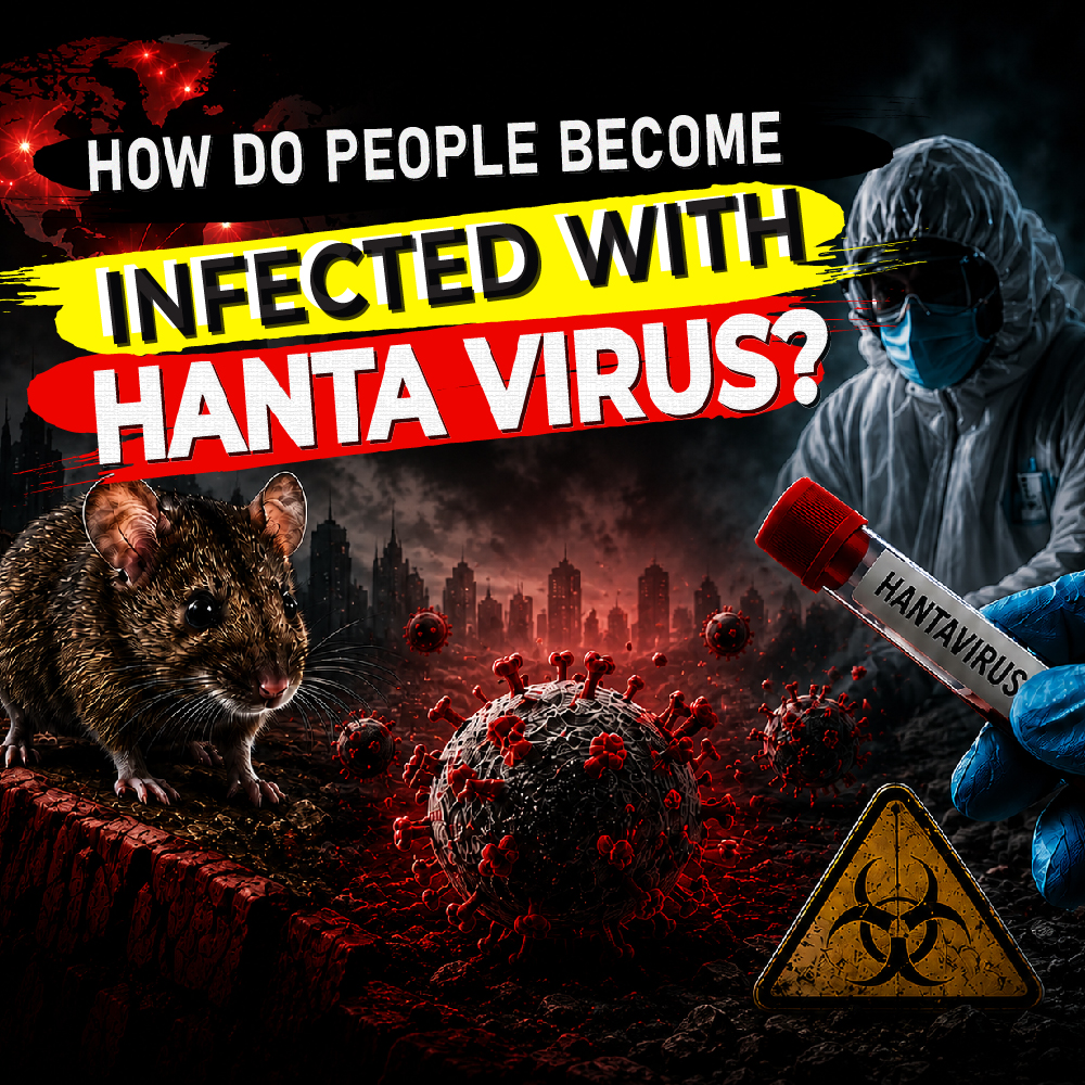 Hantavirus infographic showing a rodent carrier, virus particles, laboratory researcher, and warning symbols explaining how people become infected with hantavirus through exposure to infected rodent droppings, urine, and saliva.