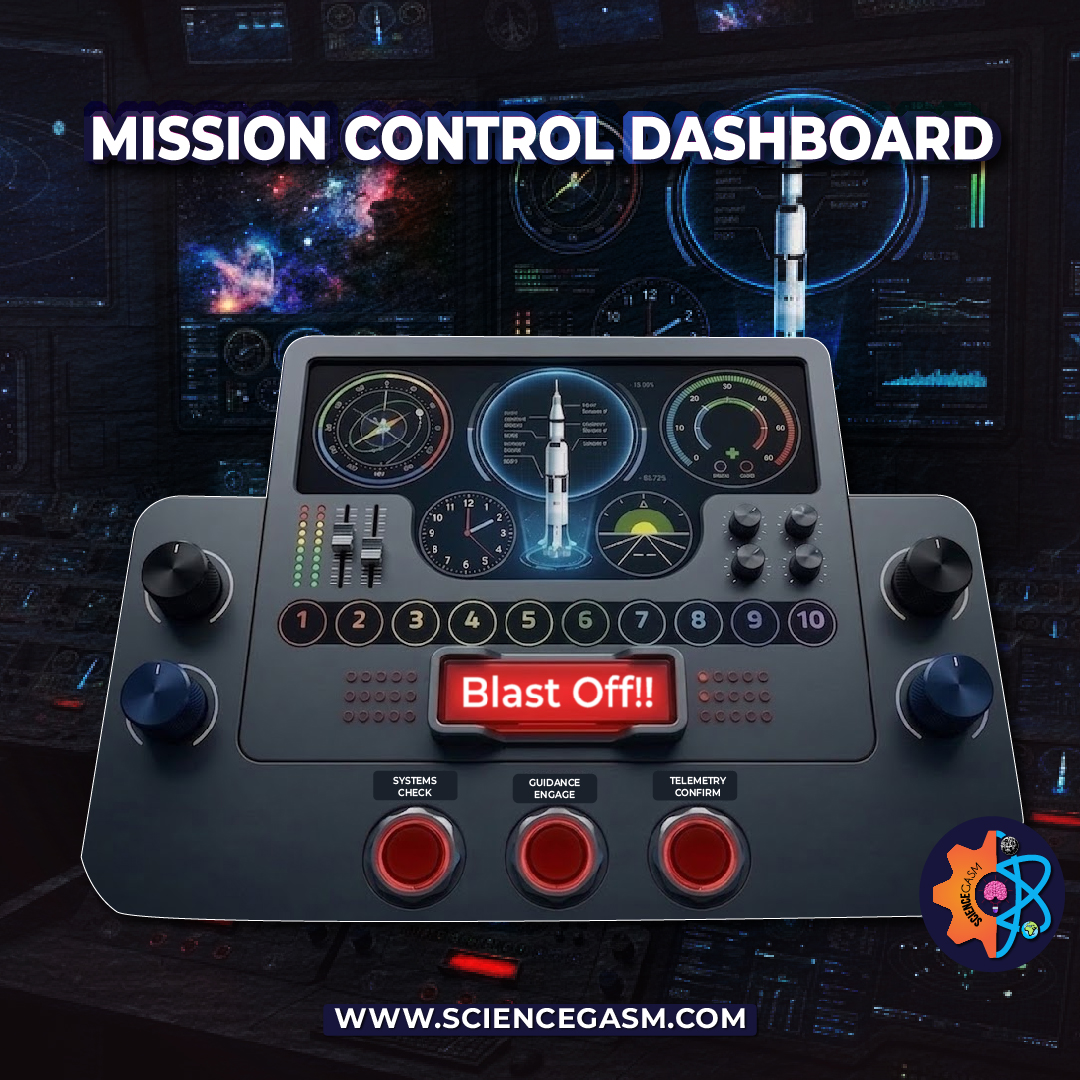 Futuristic mission control dashboard with launch buttons and rocket telemetry displays