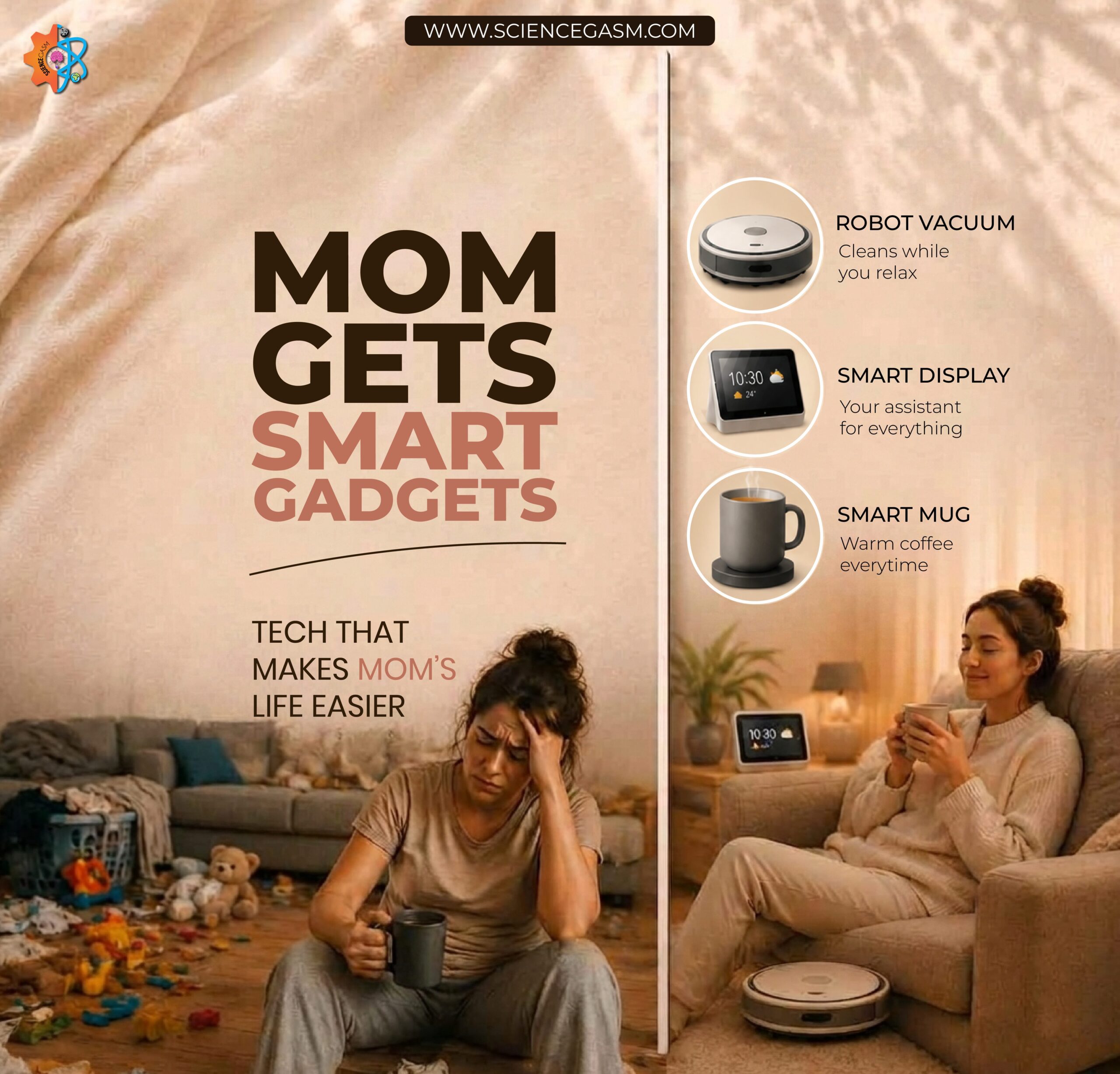 Smart home gadgets for moms including robot vacuum smart display and smart mug that simplify daily life