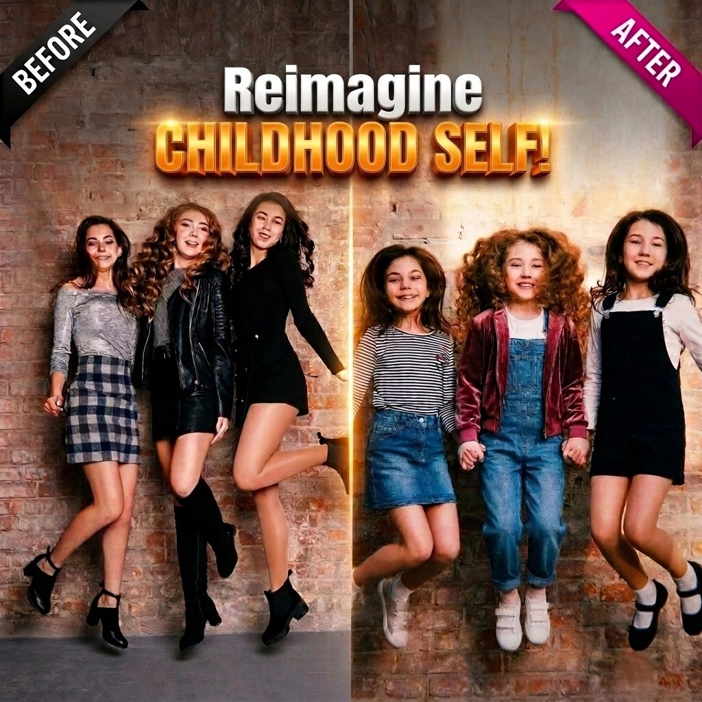 Before and after AI childhood transformation recreating adult portraits as younger childhood versions