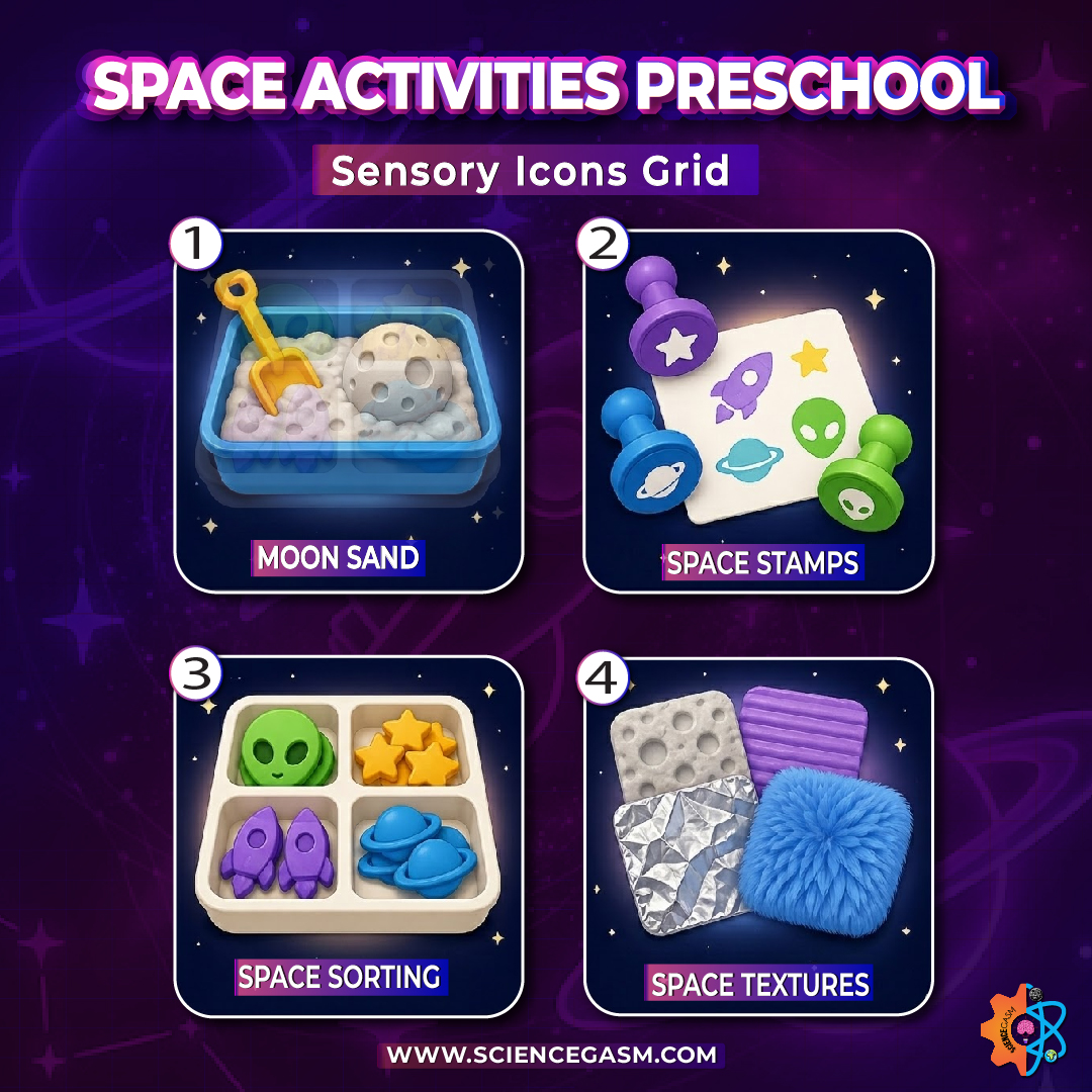Preschool sensory space activities including moon sand space sorting and texture exploration