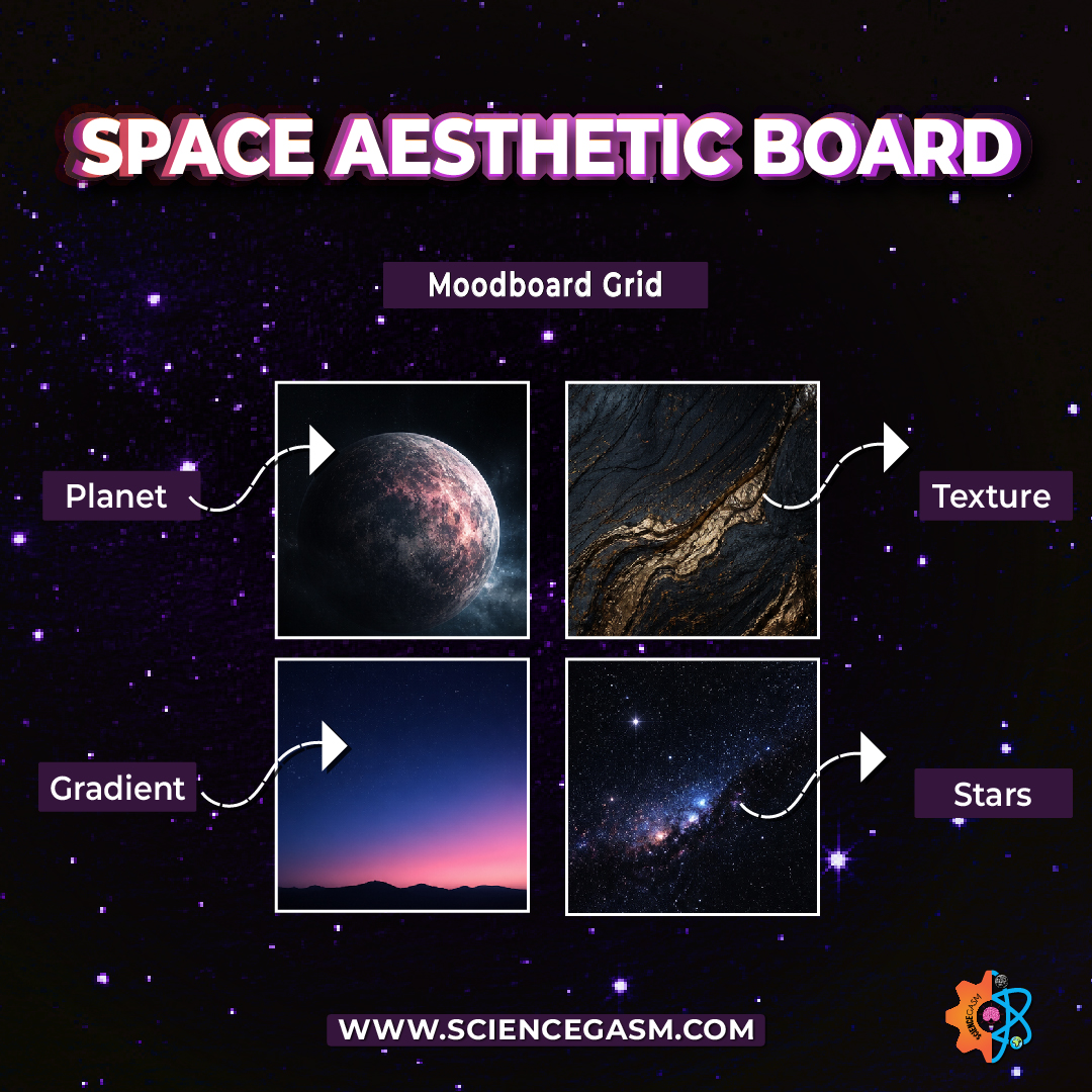 Space aesthetic moodboard featuring planets gradients stars and galaxy textures for creative inspiration