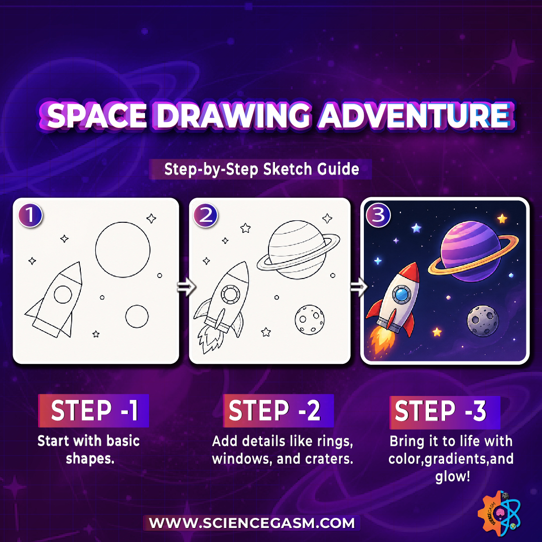 Step-by-step guide showing how to draw a rocket and planets in space