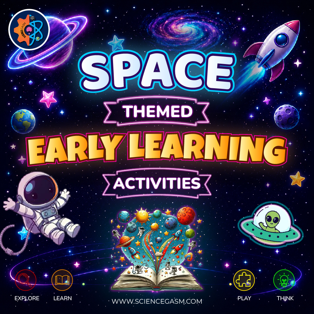 Space themed early learning activities poster with astronaut, rocket ship, planets, galaxy, UFO, and STEM learning concepts for preschool, kindergarten, and homeschool children.