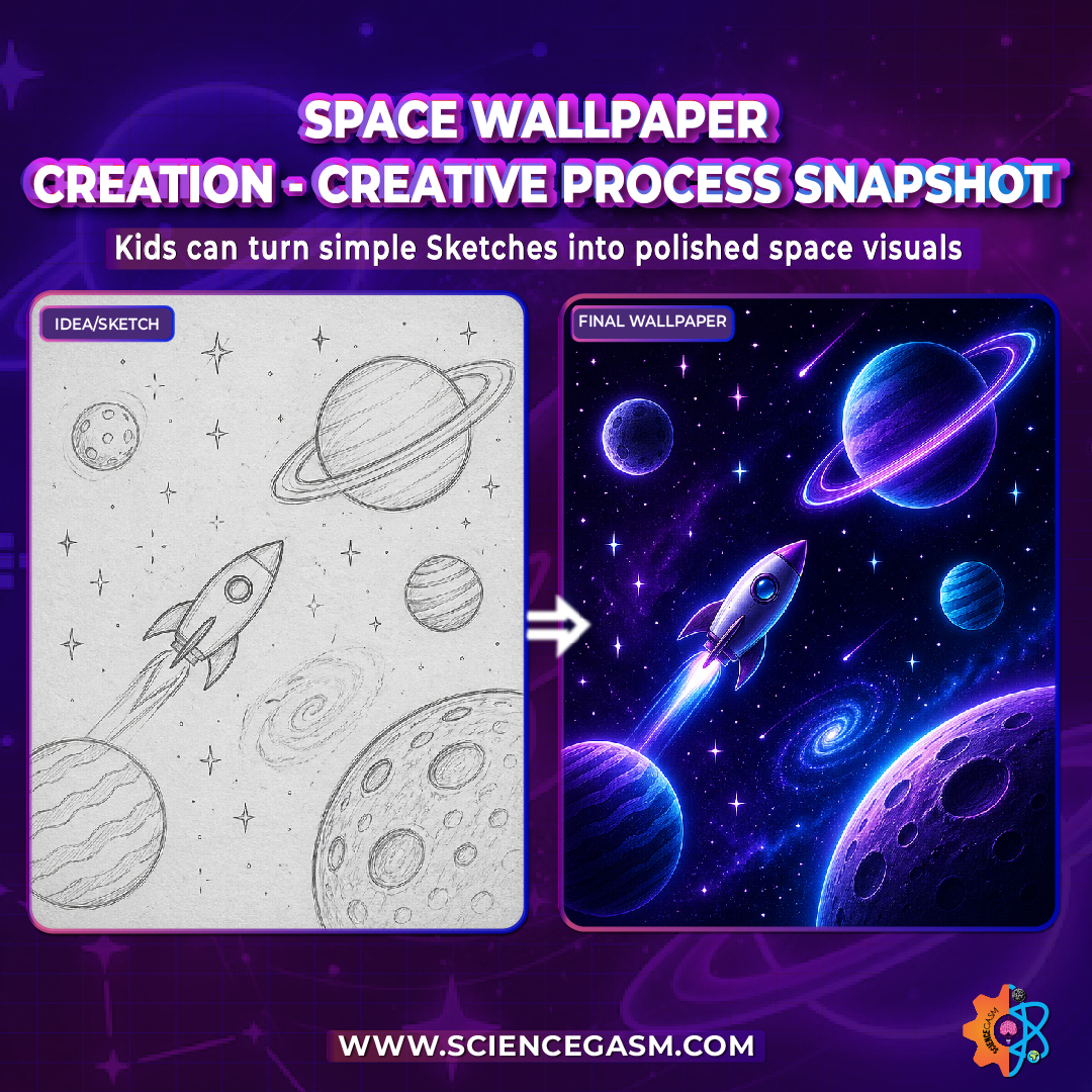 Before and after process of turning a space sketch into a glowing galaxy wallpaper