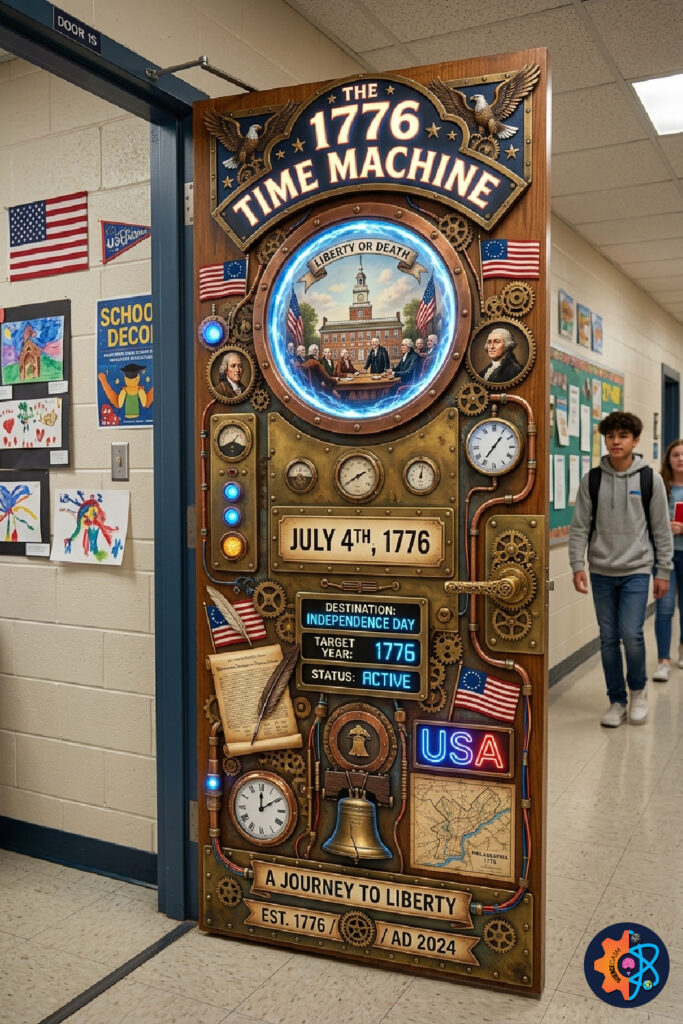 Creative 1776 time machine classroom door decoration for July 4th with patriotic history theme and Liberty Bell