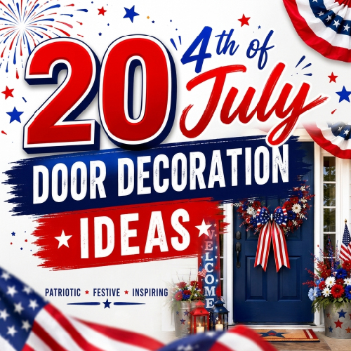 Collage banner featuring patriotic July 4th door decoration ideas with red white and blue wreaths and classroom decor inspiration