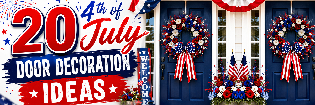 Collage banner featuring patriotic July 4th door decoration ideas with red white and blue wreaths and classroom decor inspiration