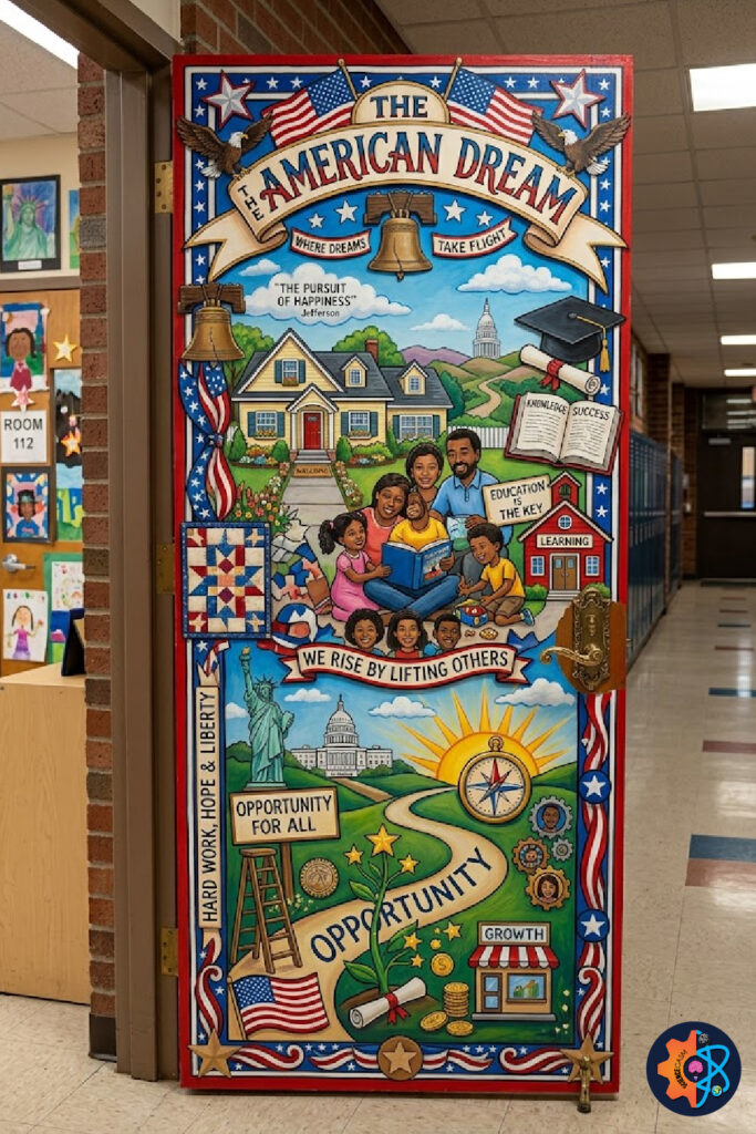 Inspirational American Dream classroom door featuring education family and opportunity themes