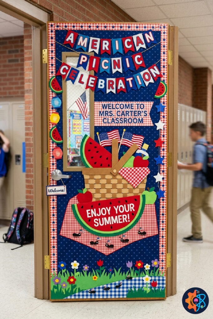 Cute summer picnic themed Fourth of July classroom door with watermelon and patriotic decorations