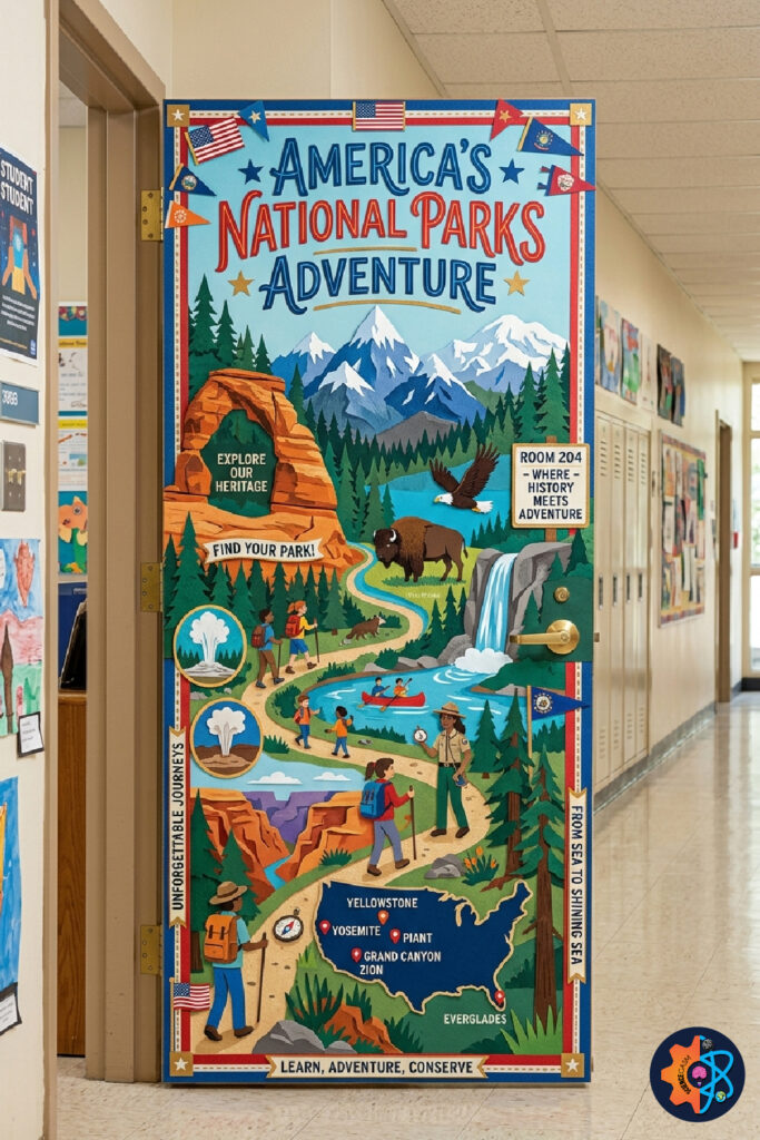 National parks themed classroom door with mountains hiking and patriotic adventure decor