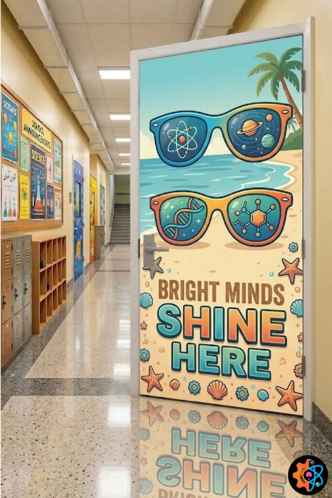 Beach-themed science classroom door with sunglasses showing atom, DNA, and planets and “Bright Minds Shine Here” STEM design in school hallway