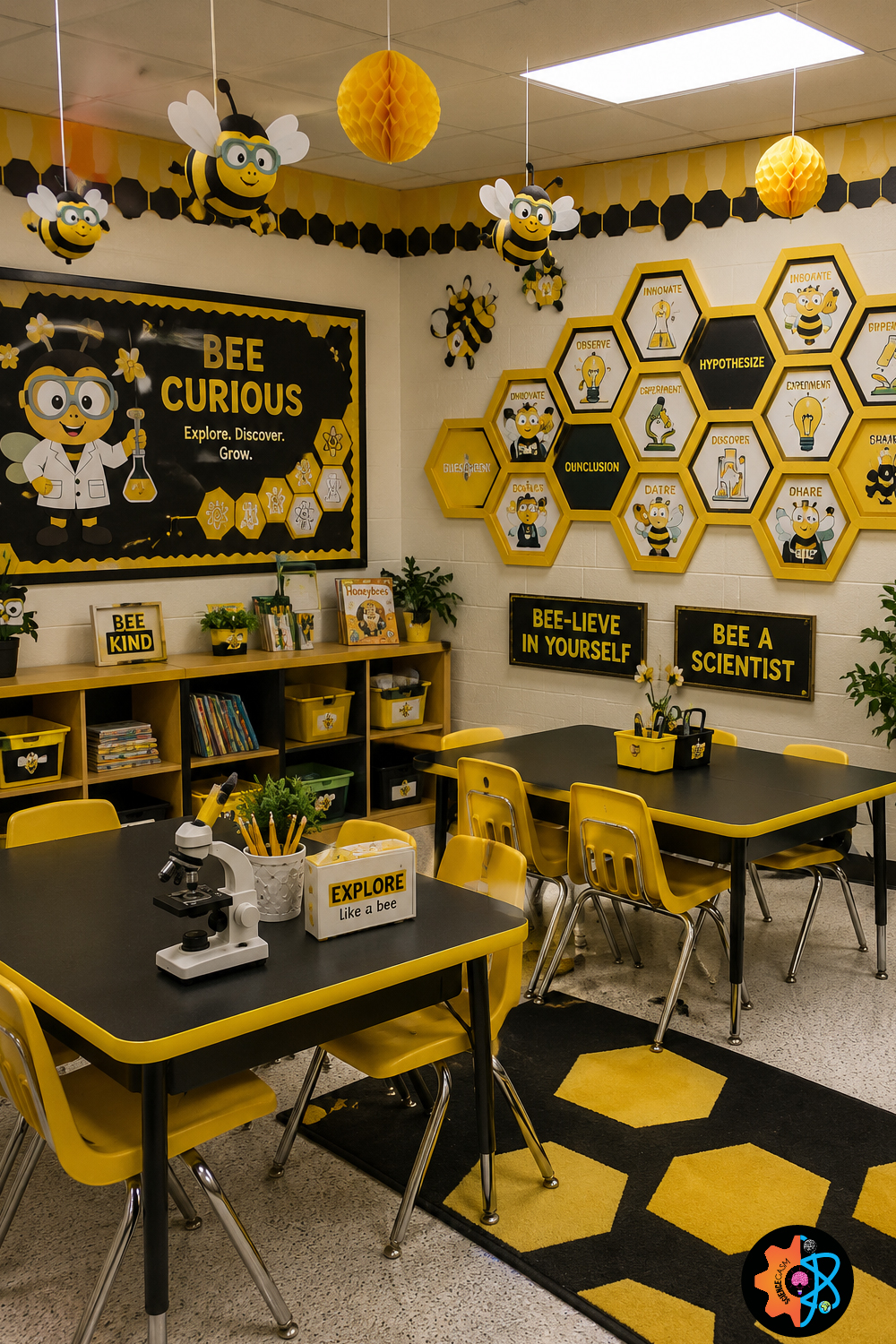 Bee Curious science classroom decoration featuring a honeybee STEM bulletin board, science-themed classroom decor, microscope, hexagon wall display, and bee-inspired learning environment.