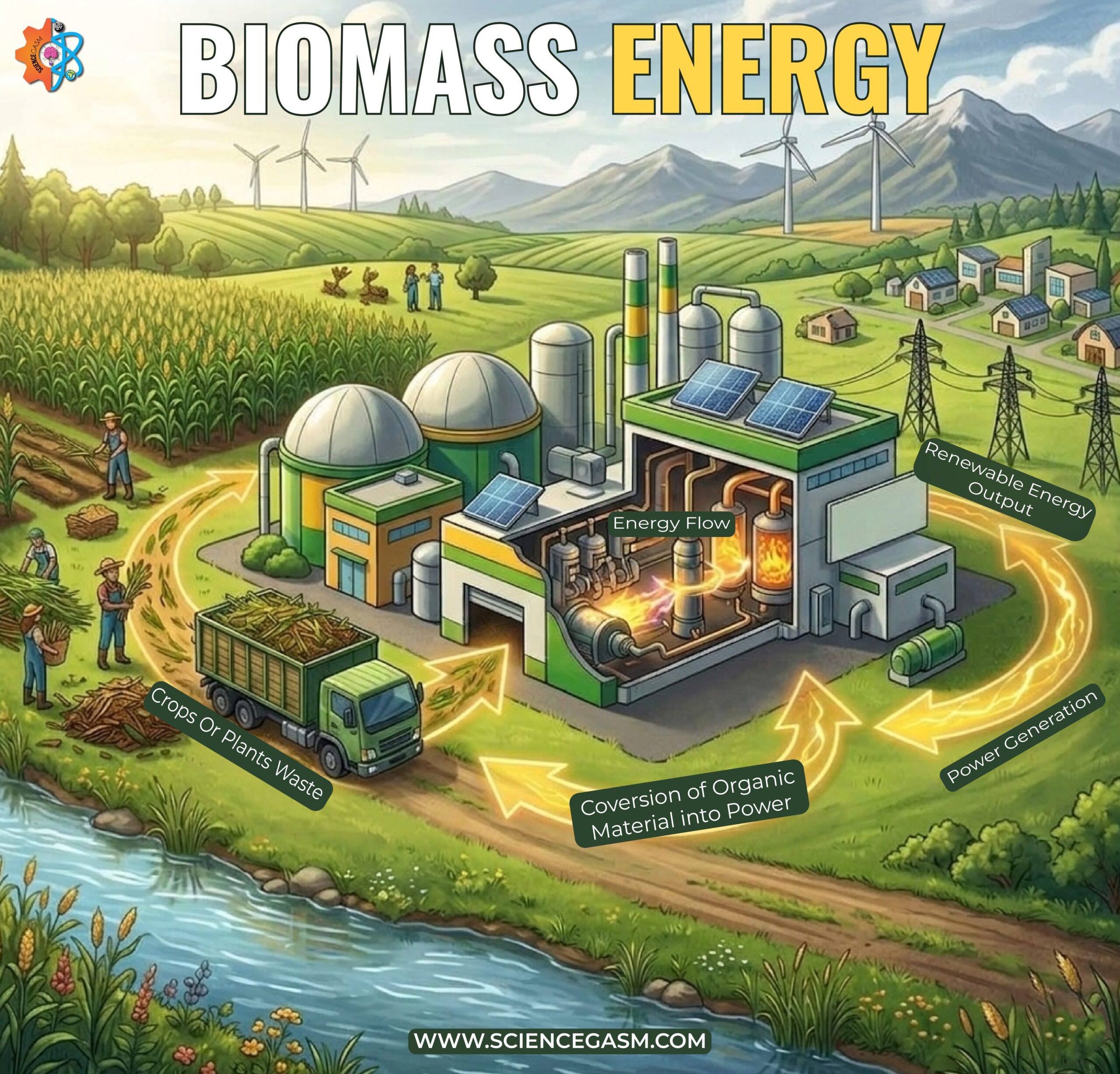 An educational environmental science infographic titled Biomass Energy, illustrating the cyclic process from harvesting crops and organic plant waste to a processing facility generating renewable power.