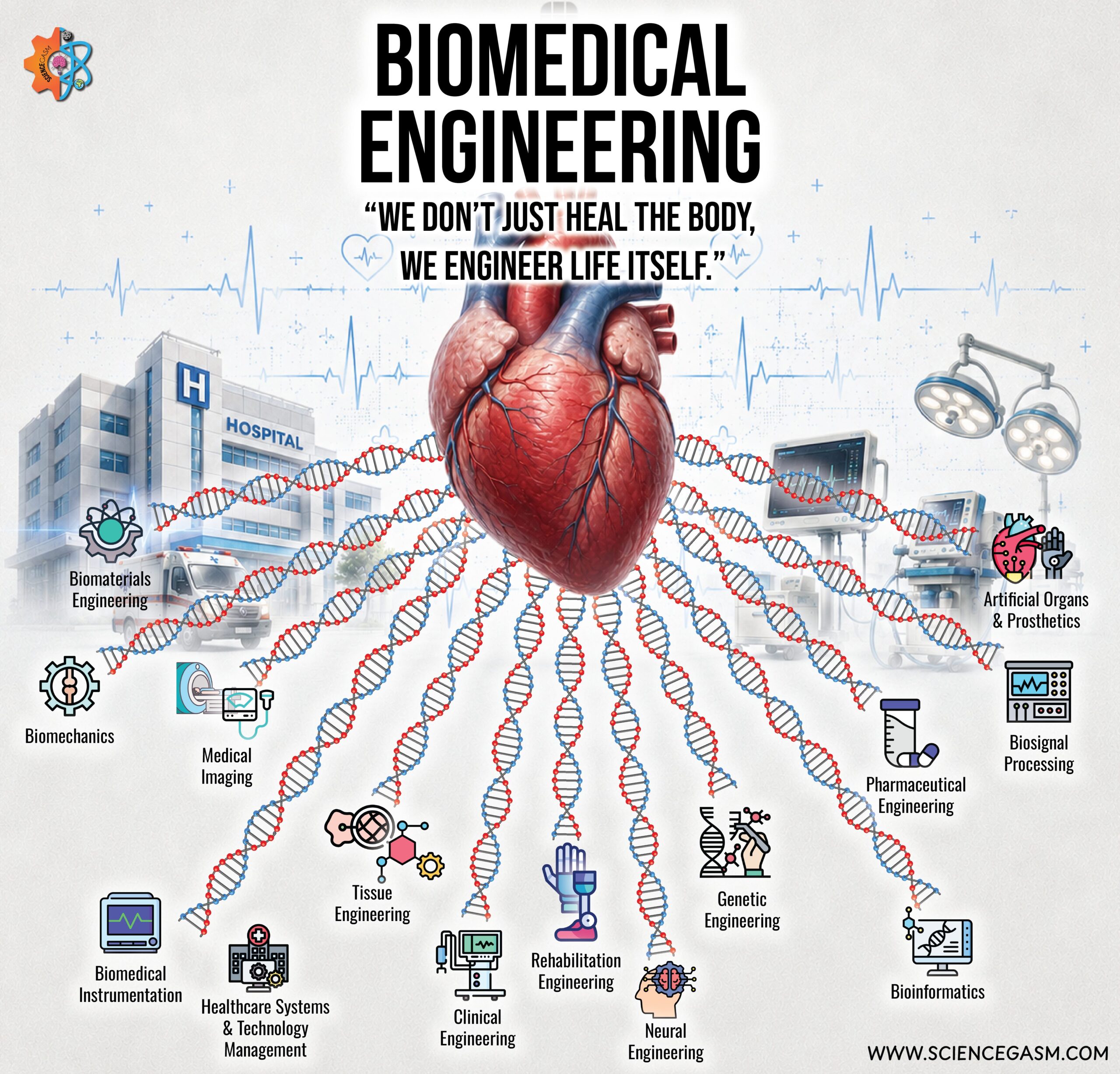 Biomedical Engineering infographic showing major biomedical engineering specializations including biomaterials engineering, biomechanics, medical imaging, tissue engineering, genetic engineering, neural engineering, bioinformatics, rehabilitation engineering, artificial organs, prosthetics, and clinical engineering.