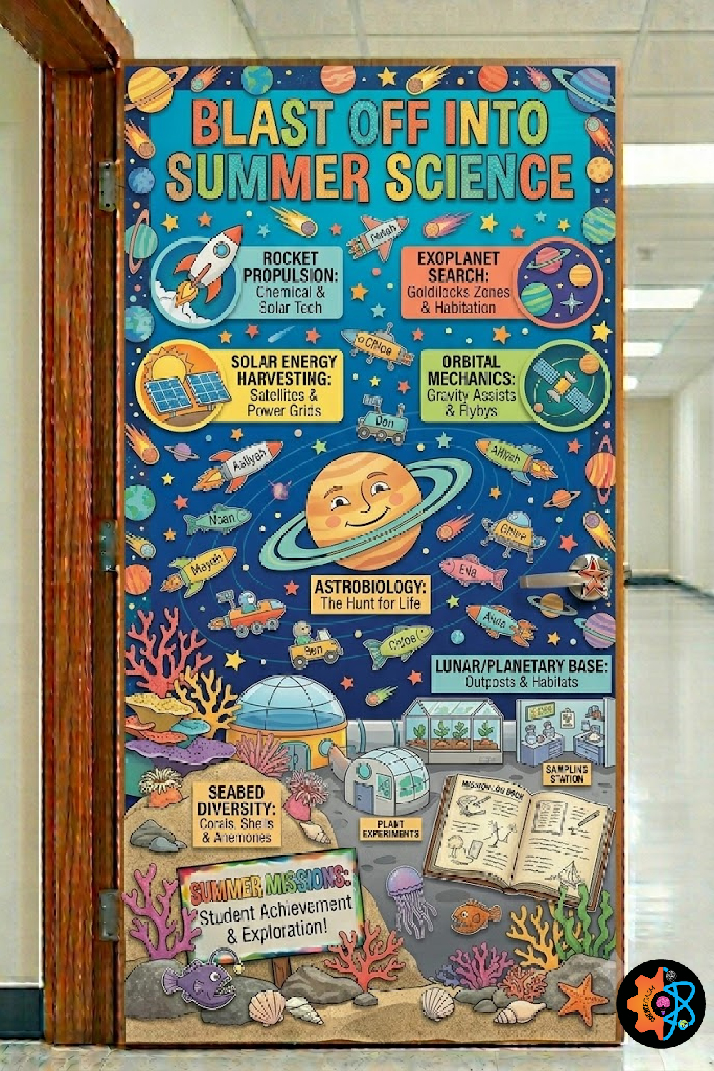 Space themed classroom door decoration titled Blast Off Into Summer Science featuring a large ringed planet, spaceships, and a lunar base next to a coral reef.