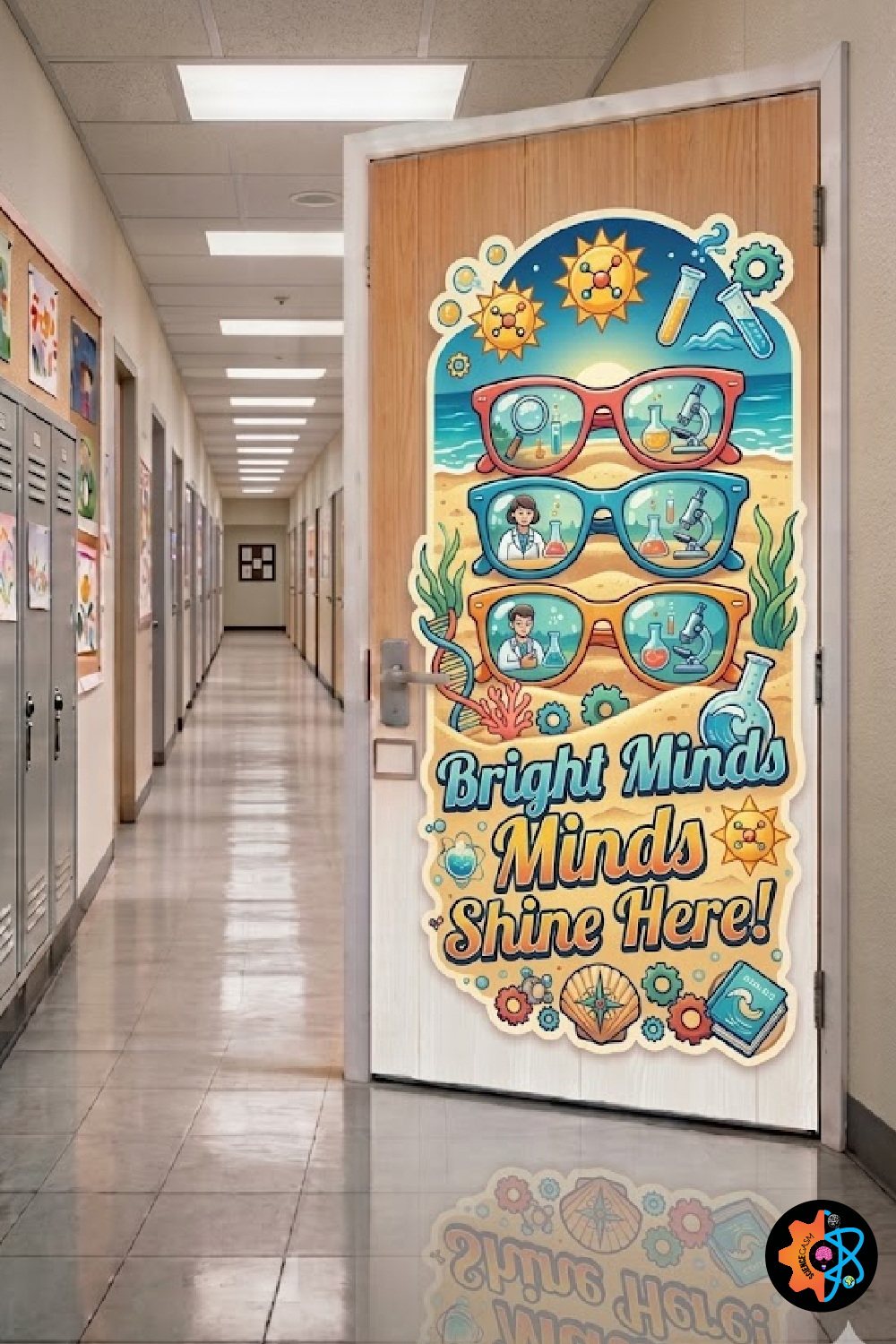 Beach themed science classroom door decoration featuring large eyeglasses displaying laboratory scenes with microscopes and scientists.