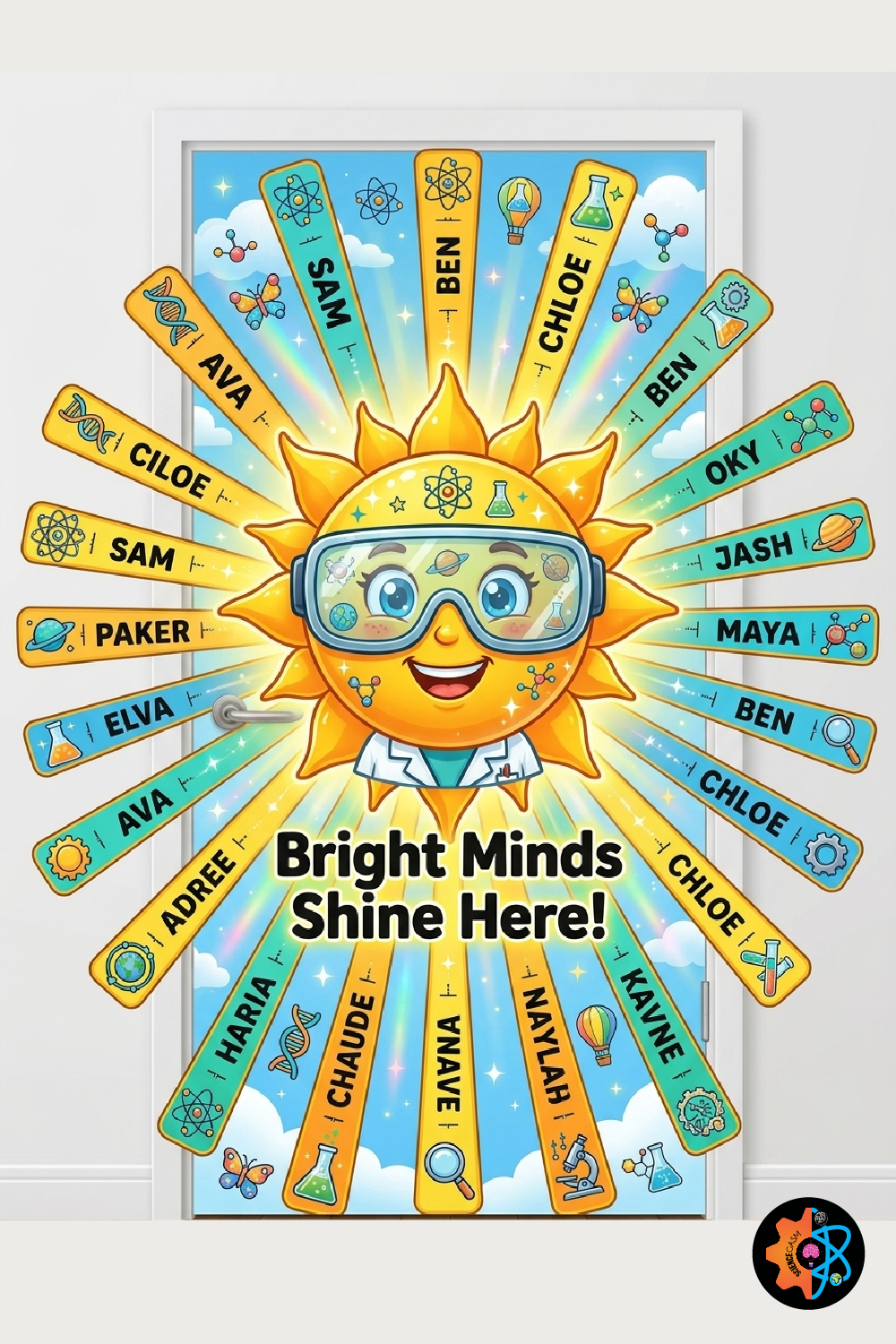 A customizable sun-themed science classroom door decoration featuring a smiling cartoon sun wearing safety goggles and a lab coat surrounded by rays with student name tags under the phrase Bright Minds Shine Here.