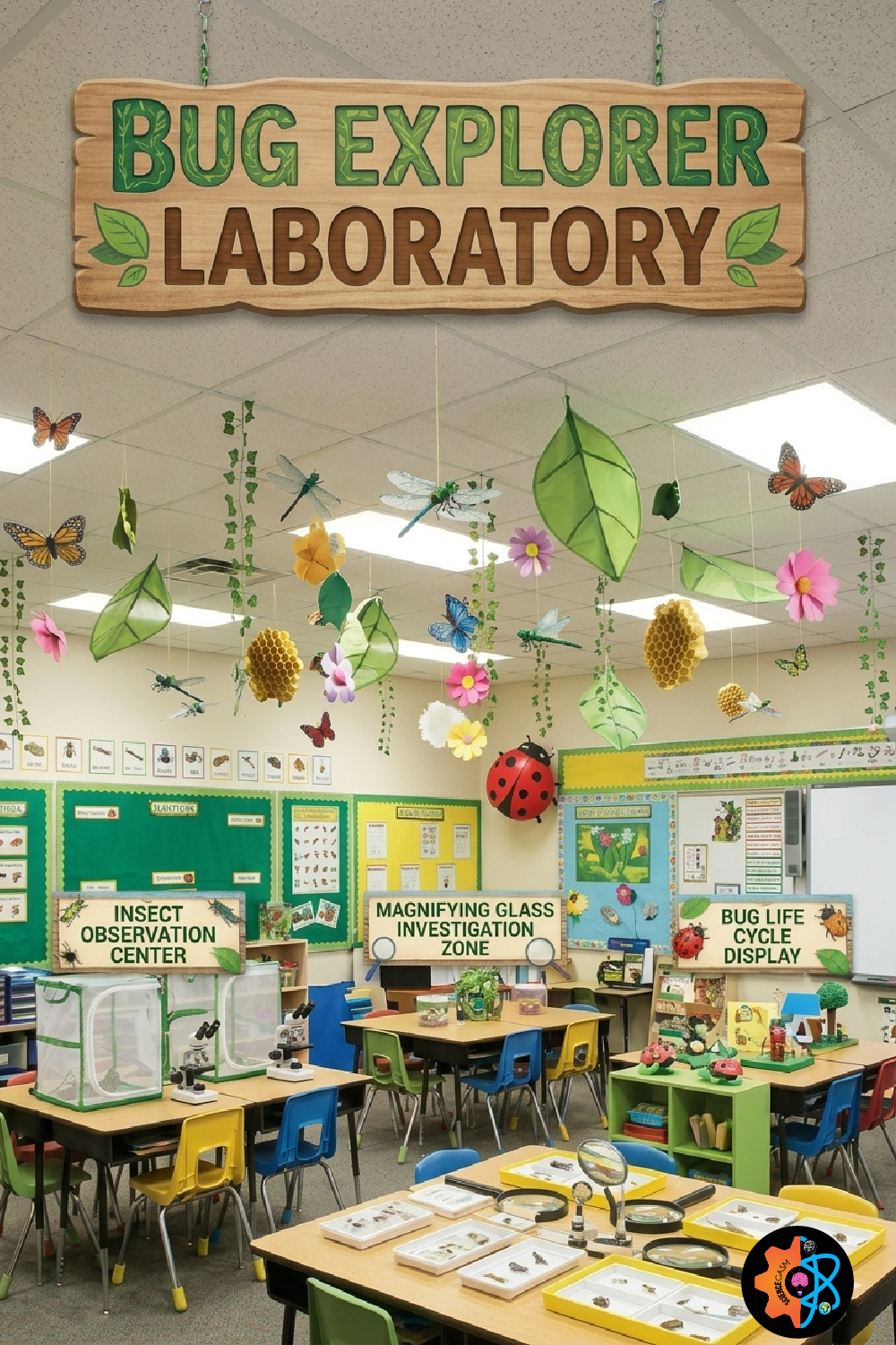 Bug Explorer Laboratory classroom decoration featuring insect observation center, bug life cycle display, butterflies, dragonflies, honeycombs, magnifying glasses, and nature-themed science classroom decor.