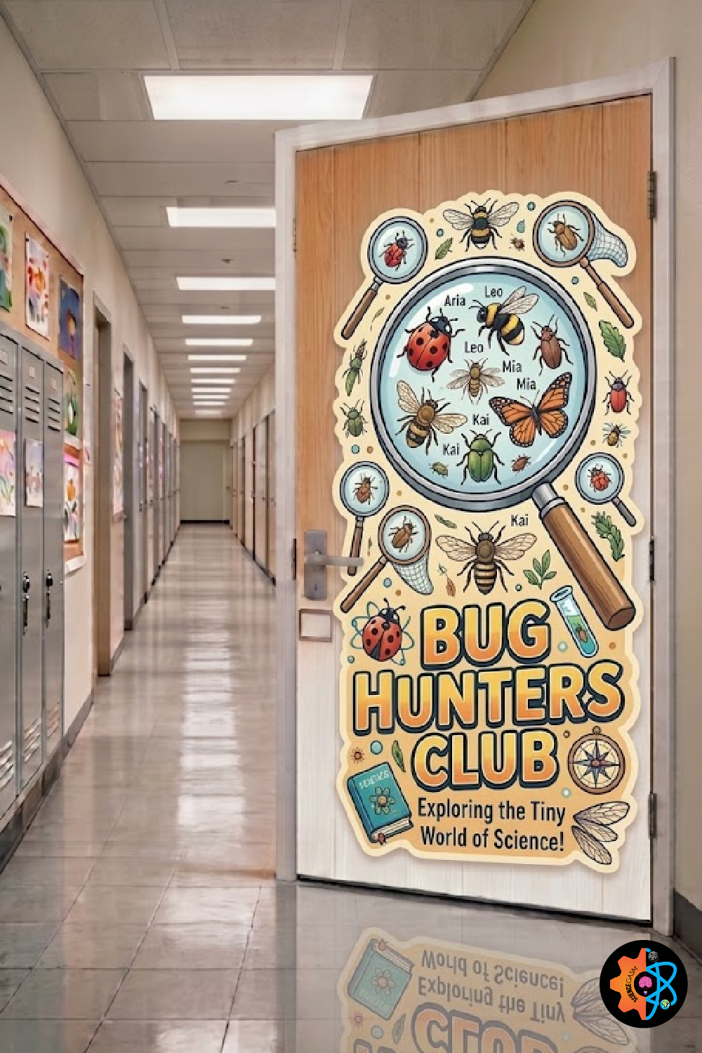 Bug Hunters Club biology classroom door decoration featuring a large magnifying glass displaying insects with student names written on them.