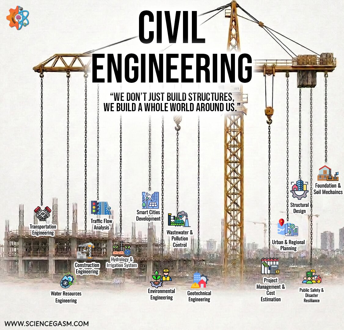 Civil engineering infographic showing branches like structural design construction transportation geotechnical engineering and urban planning with crane background