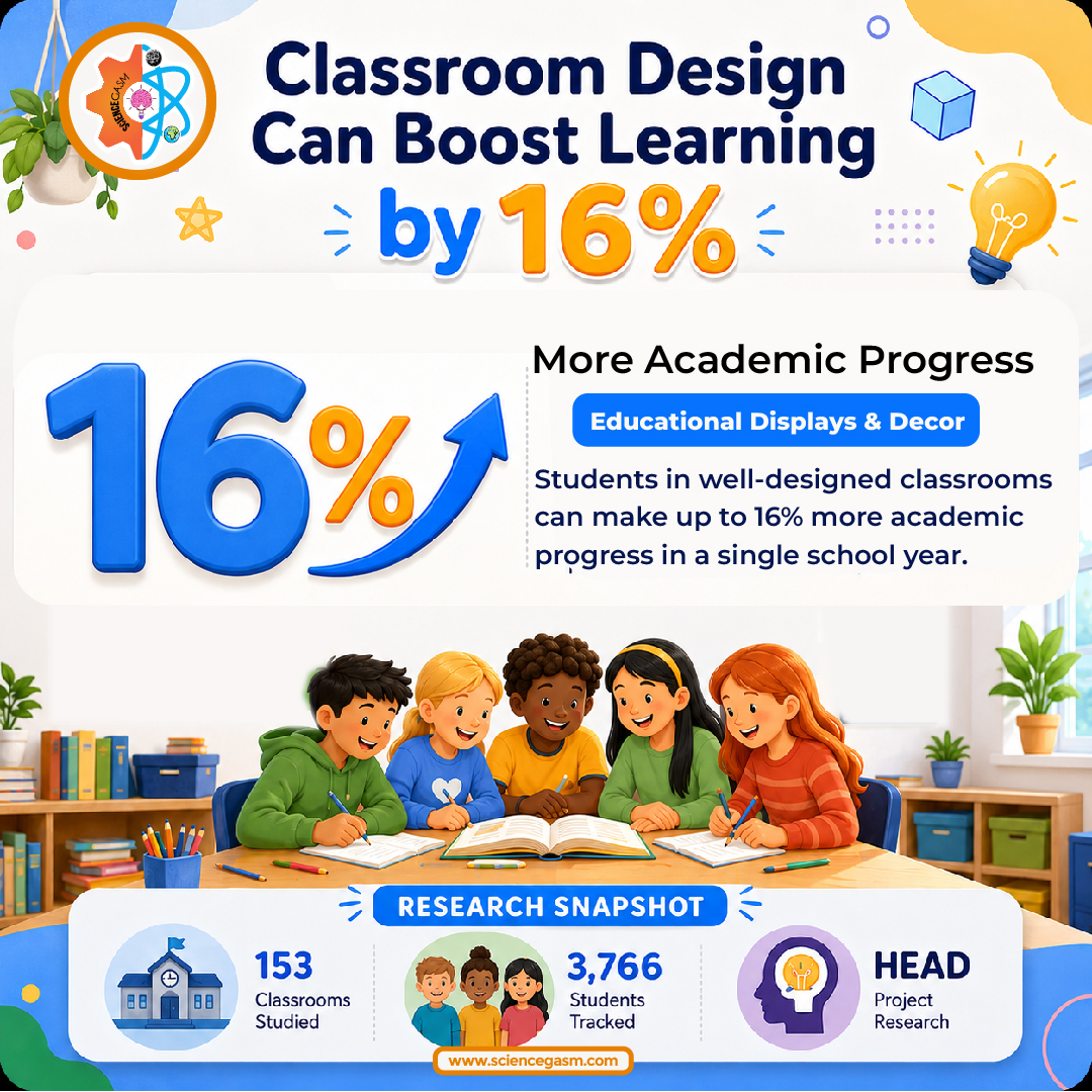 Infographic showing research that classroom design can improve student academic progress by up to 16%, based on the HEAD Project study of 153 classrooms and 3,766 students.