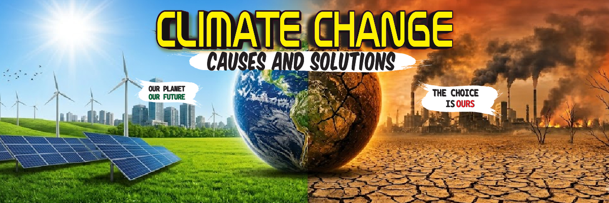 An educational environmental science banner titled Climate Change Causes and Solutions, contrasting a green landscape with solar panels and wind turbines on the left against a dried, cracked desert with smoking factories on the right.