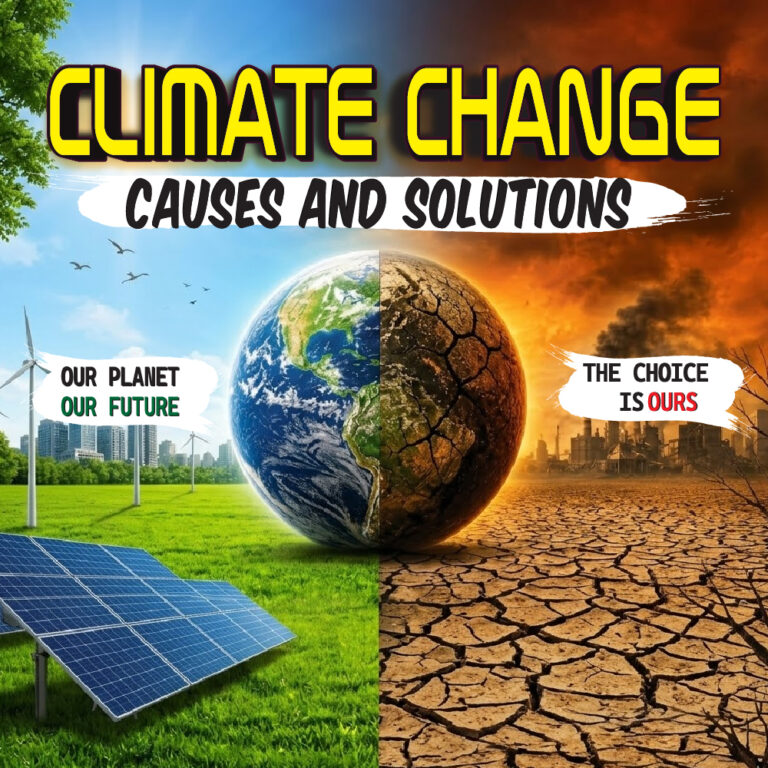 A square educational science poster titled Climate Change Causes and Solutions, contrasting a green landscape with solar panels and wind turbines on the left against a dried, cracked desert with smoking factories on the right.