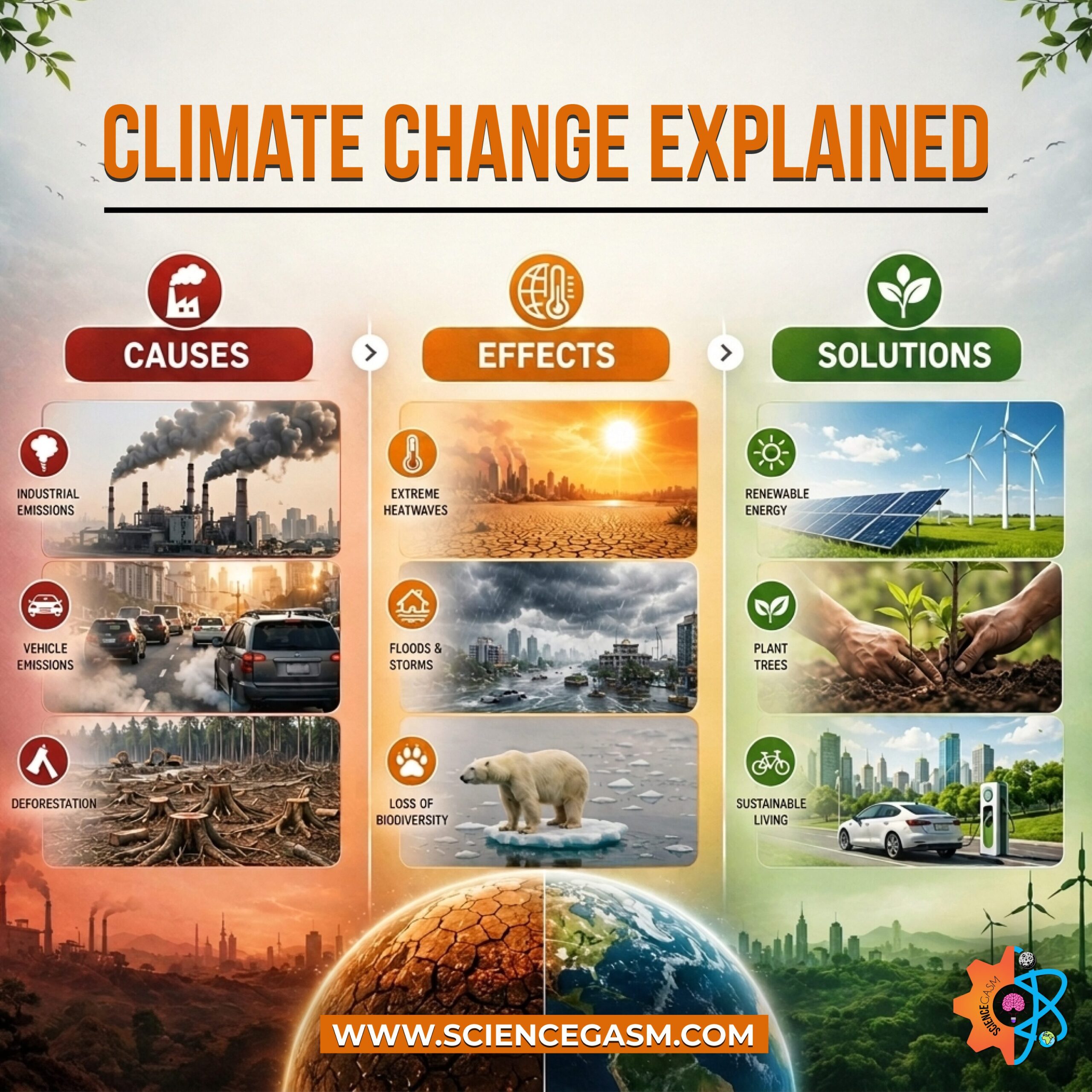 An educational science infographic titled Climate Change Explained, divided into three columns mapping out causes like industrial emissions, effects like extreme heatwaves and loss of biodiversity, and solutions like renewable energy and sustainable living.