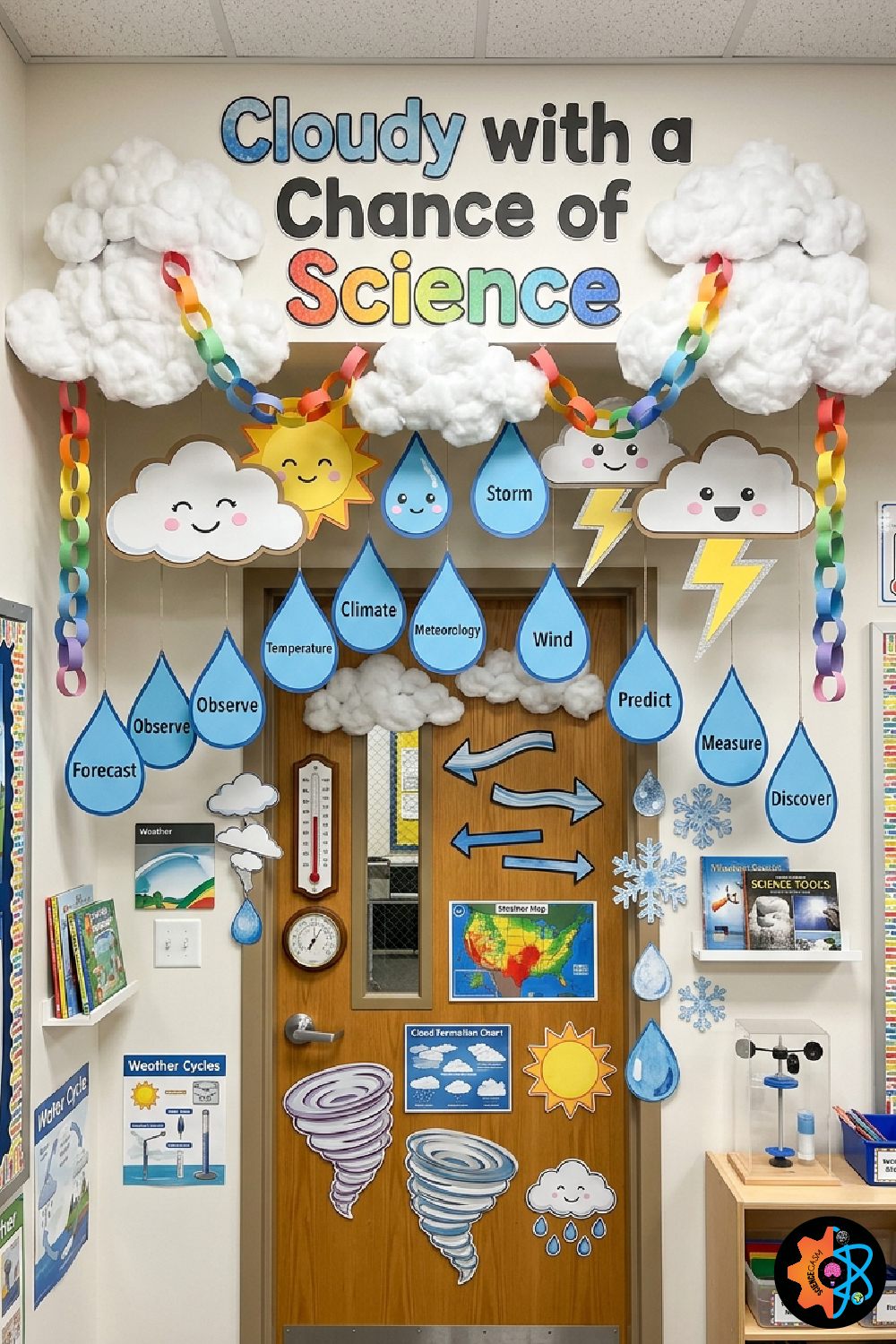 Cloudy with a Chance of Science classroom door decoration featuring weather, climate, clouds, rain, lightning, meteorology, and interactive STEM learning display for elementary classrooms.