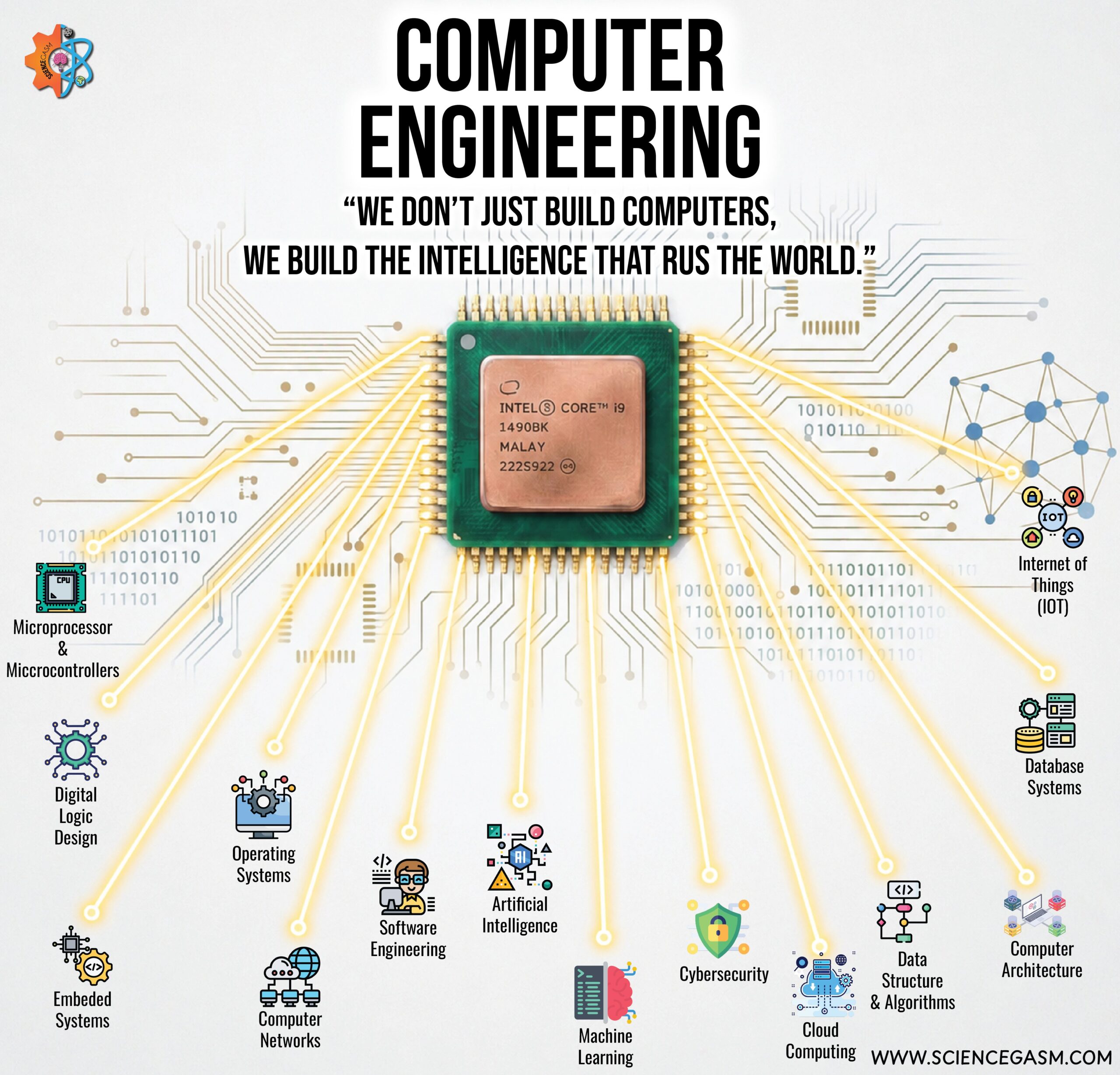 Computer engineering illustration showing microprocessor chip with concepts like artificial intelligence, cybersecurity, cloud computing, data structures, operating systems, and IoT
