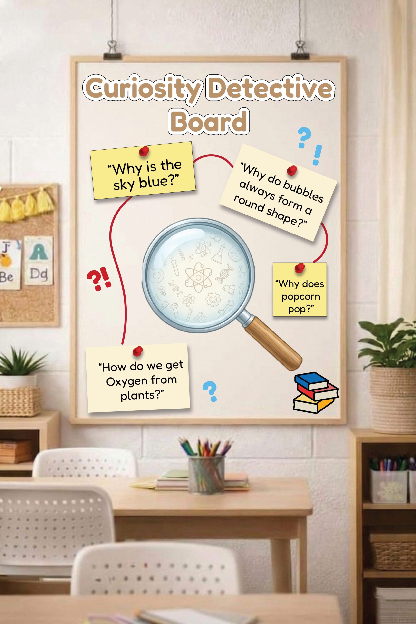An interactive science bulletin board titled Curiosity Detective Board featuring student questions pinned around a central magnifying glass.