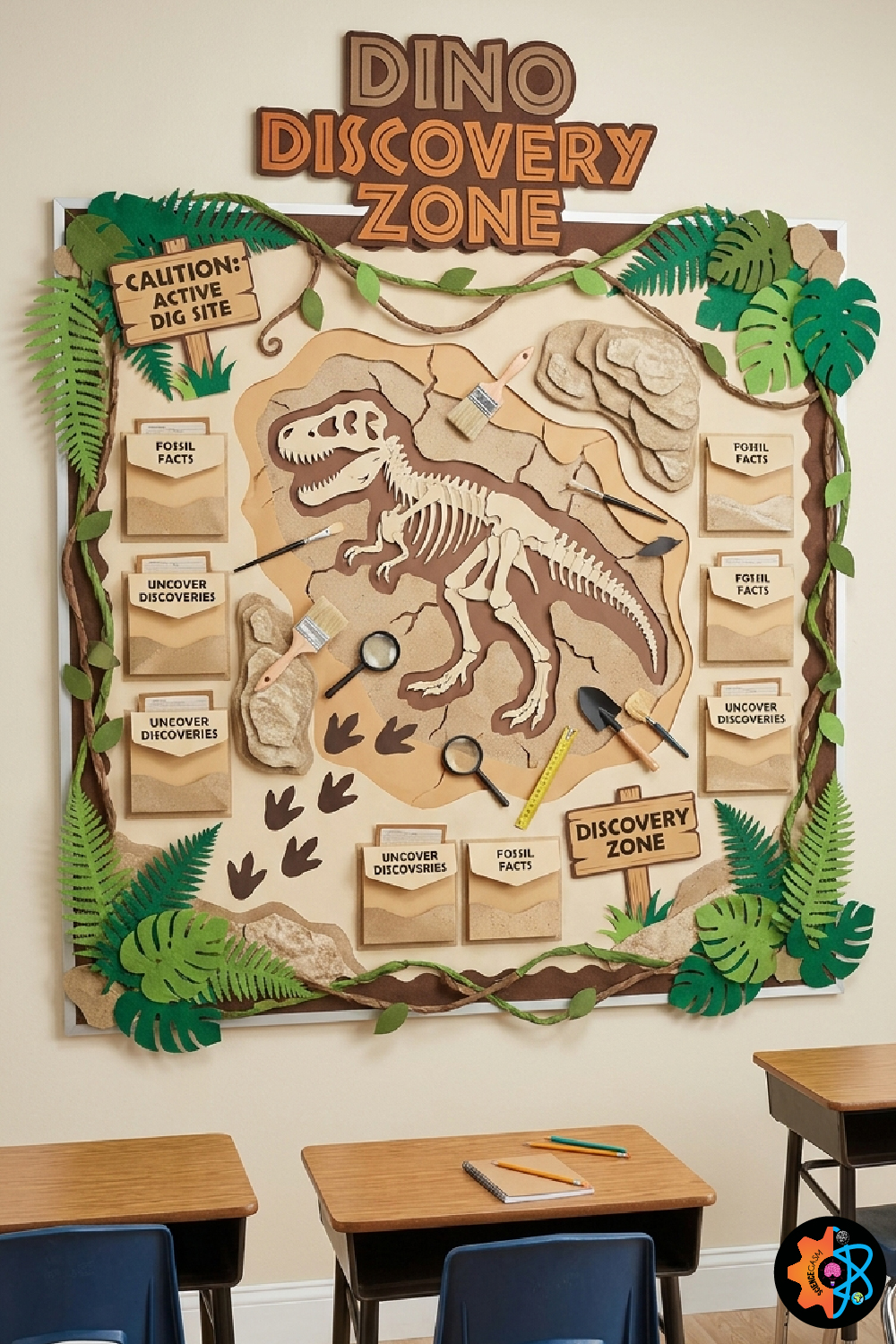 Dino Discovery Zone dinosaur bulletin board for classroom with T-Rex fossil excavation theme, paleontology activities, science classroom decoration, and interactive educational display for elementary students.