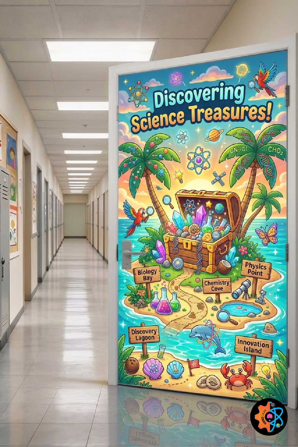 A tropical treasure island science classroom door decoration featuring an open treasure chest filled with glowing crystals, surrounded by scientific landmarks like Biology Bay and Chemistry Cove under the headline Discovering Science Treasures.