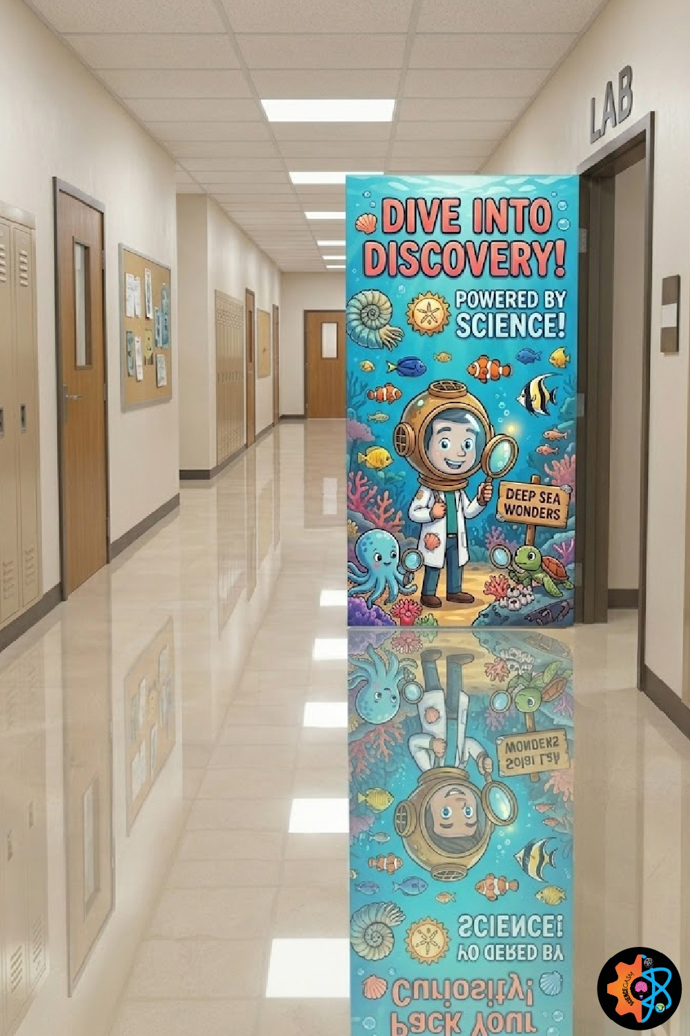 Ocean themed science classroom door decoration titled Dive Into Discovery featuring a student scientist in a diving helmet surrounded by sea life.