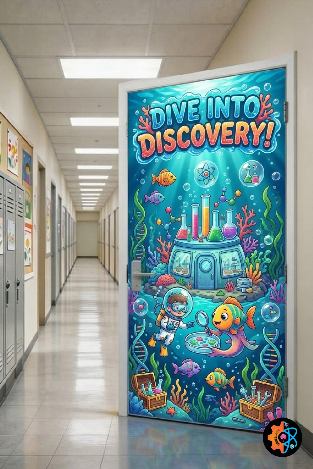 An underwater science classroom door decoration featuring a submarine laboratory, a young scuba diver studying a petri dish with a fish, and the text Dive Into Discovery.