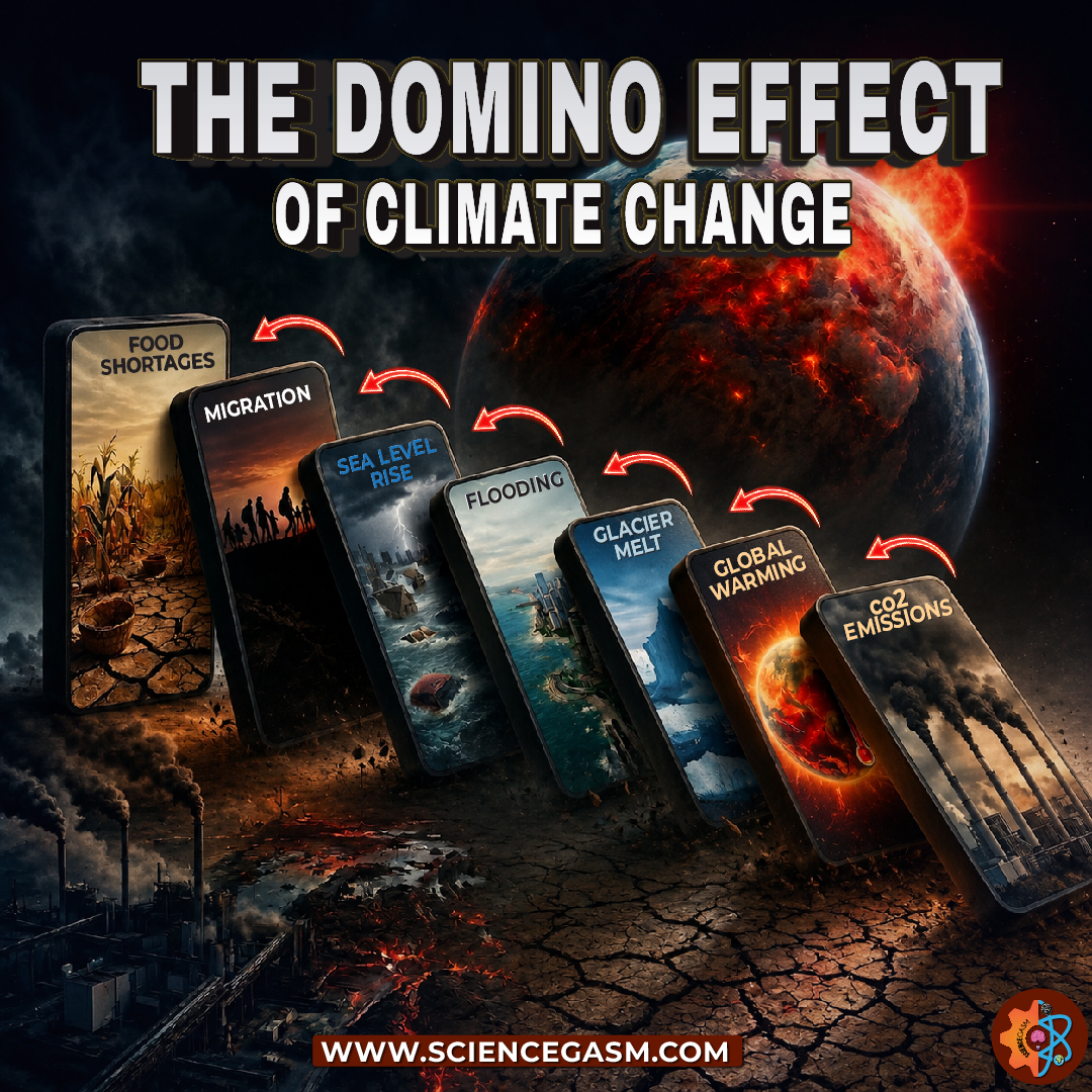 Climate change infographic showing the domino effect from CO2 emissions and global warming to glacier melt, flooding, sea level rise, migration, and food shortages.