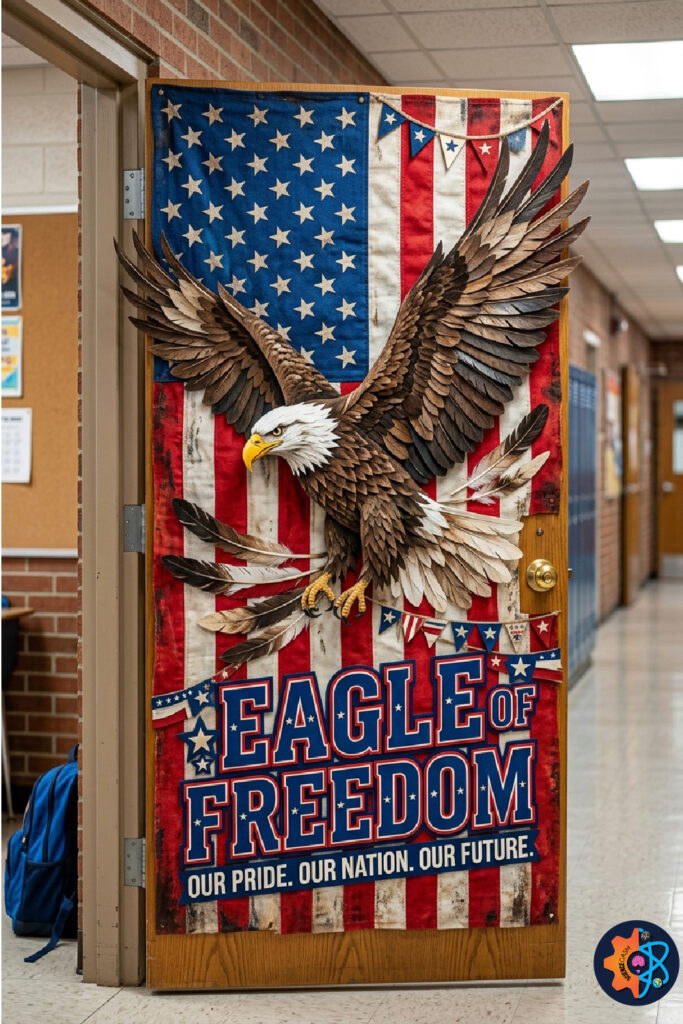 Bald eagle patriotic classroom door decoration with American flag background